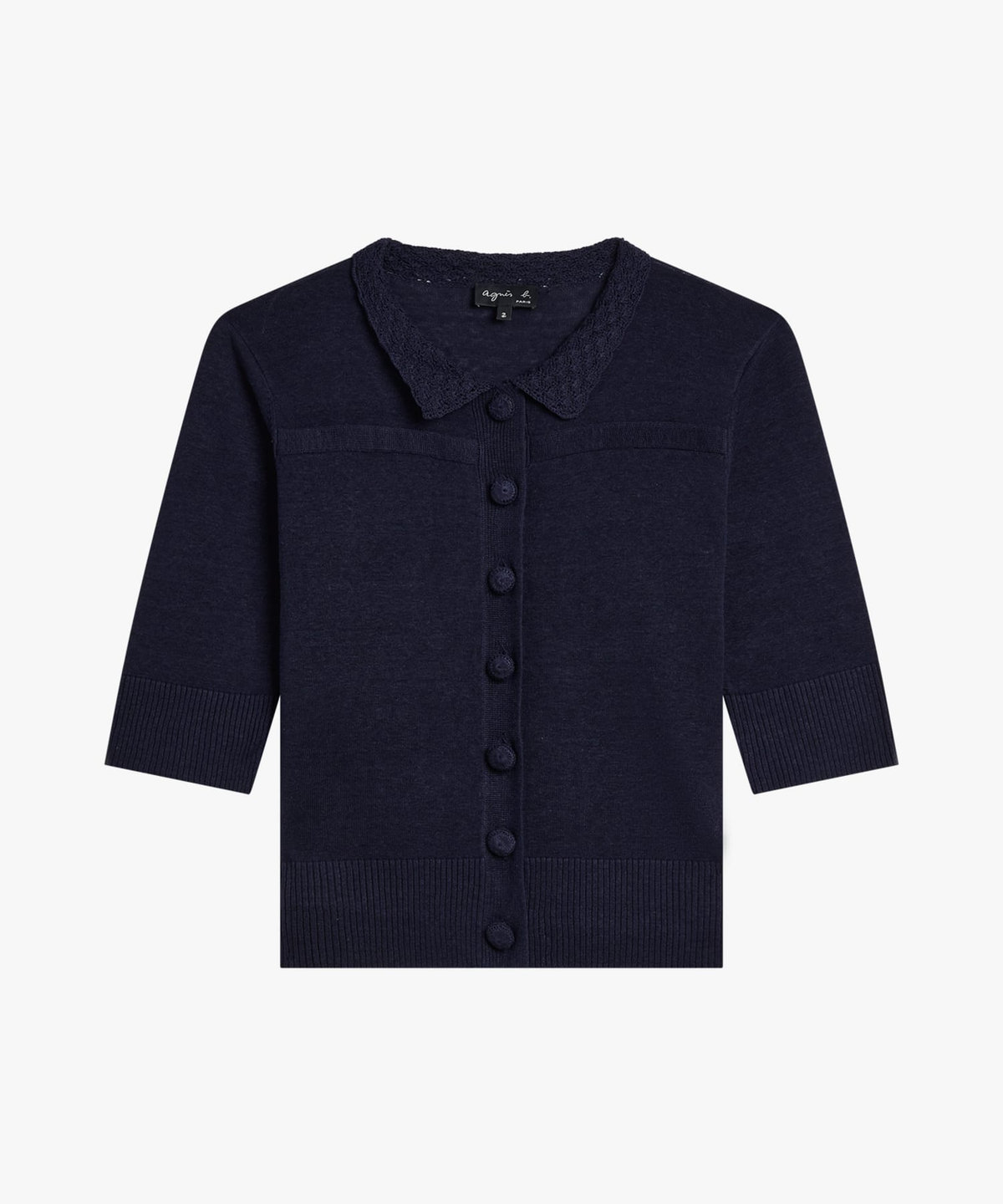 FEMME ウィメンズ クロシェ編み シルク リネン 半袖 ニット カーディガン "Col" ブルー系その他