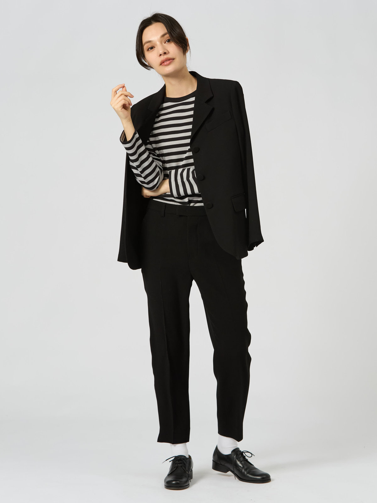 FEMME ウィメンズ 細ボーダー コットン 長袖 Tシャツ "Cool" エクリュ×ブラック