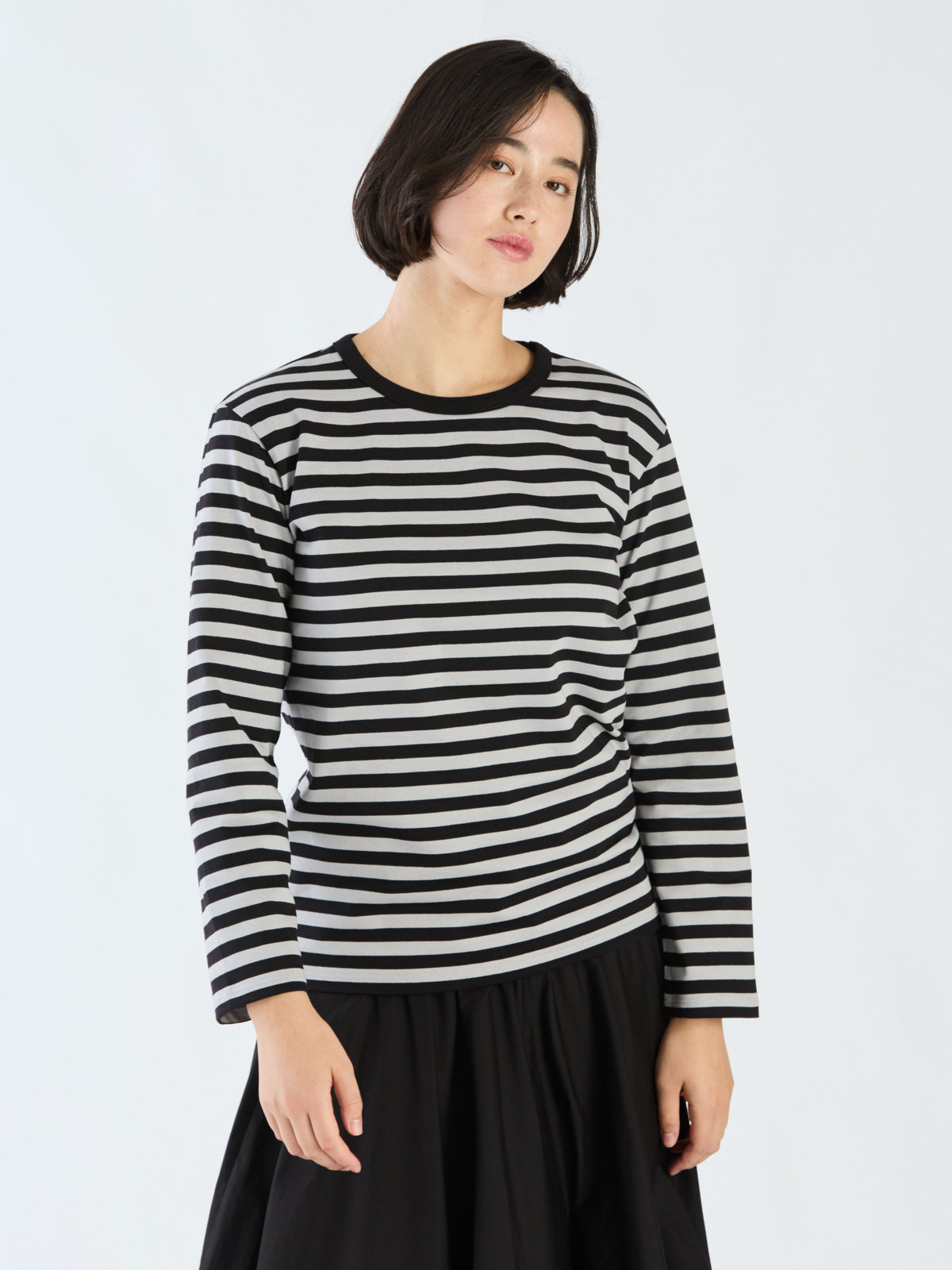 FEMME ウィメンズ 細ボーダー コットン 長袖 Tシャツ "Cool" エクリュ×ブラック