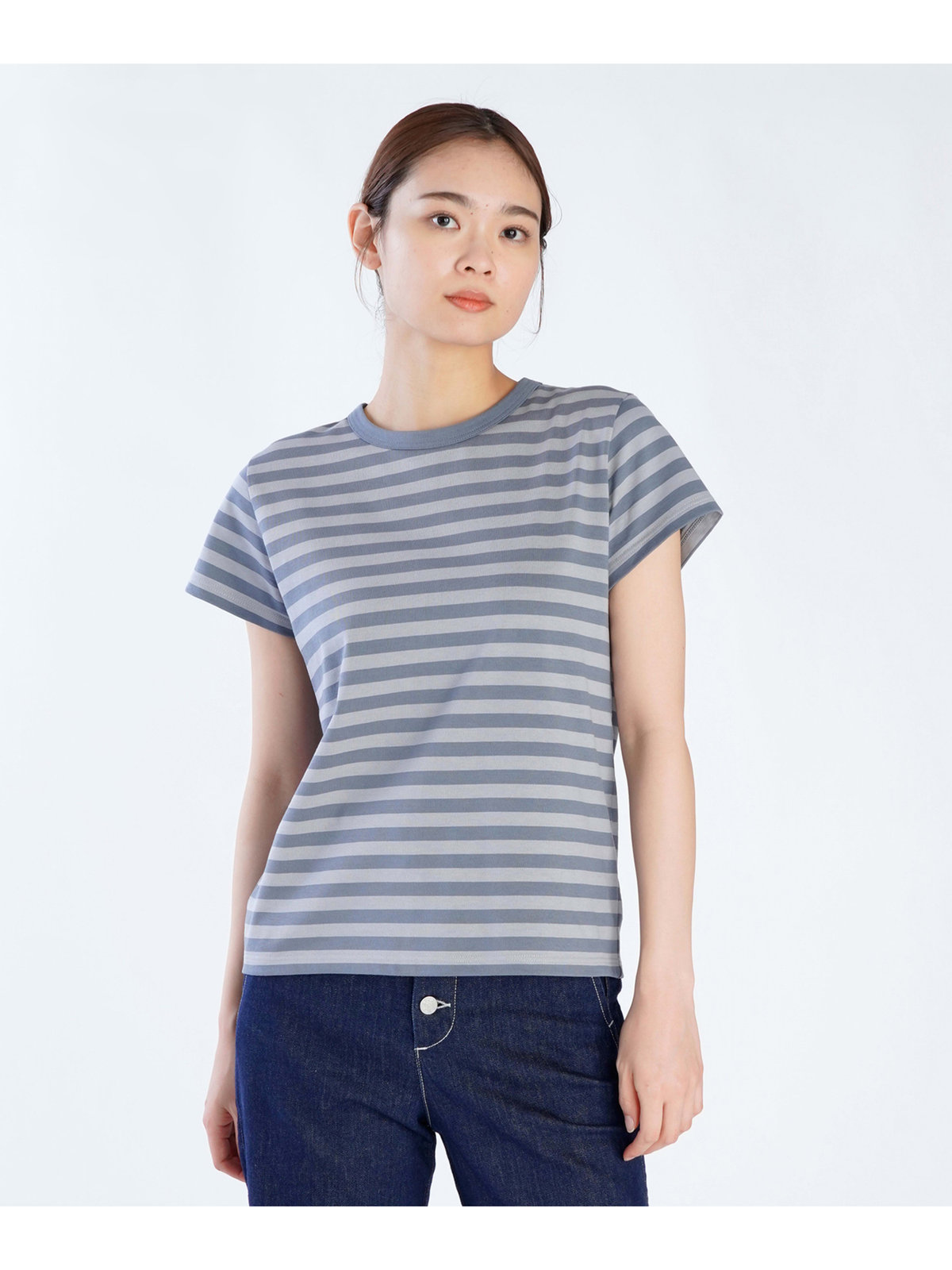 FEMME ウィメンズ 細ボーダー コットン 半袖Tシャツ ”Brando” ブルーグレー×ライトグレー
