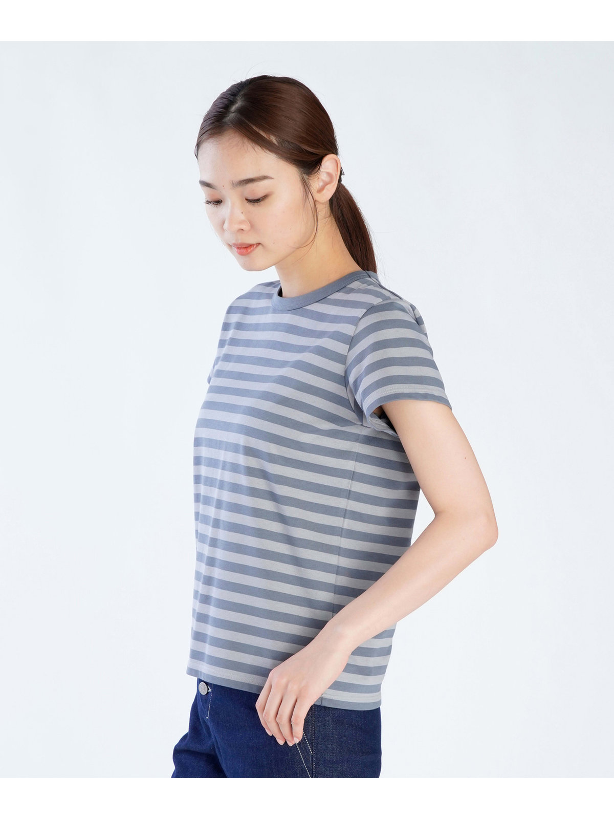 FEMME ウィメンズ 細ボーダー コットン 半袖Tシャツ ”Brando” ブルーグレー×ライトグレー
