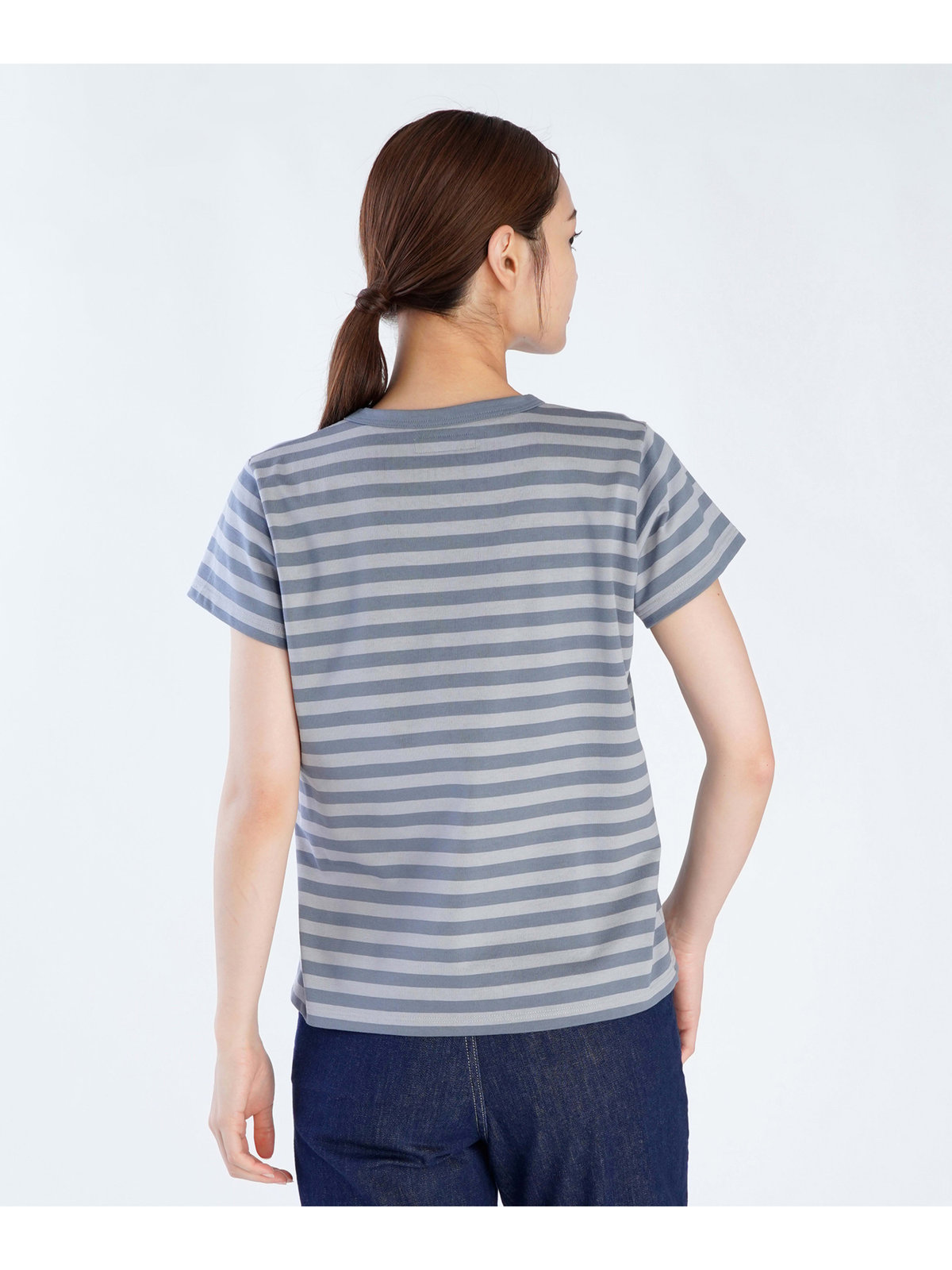 FEMME ウィメンズ 細ボーダー コットン 半袖Tシャツ ”Brando” ブルーグレー×ライトグレー