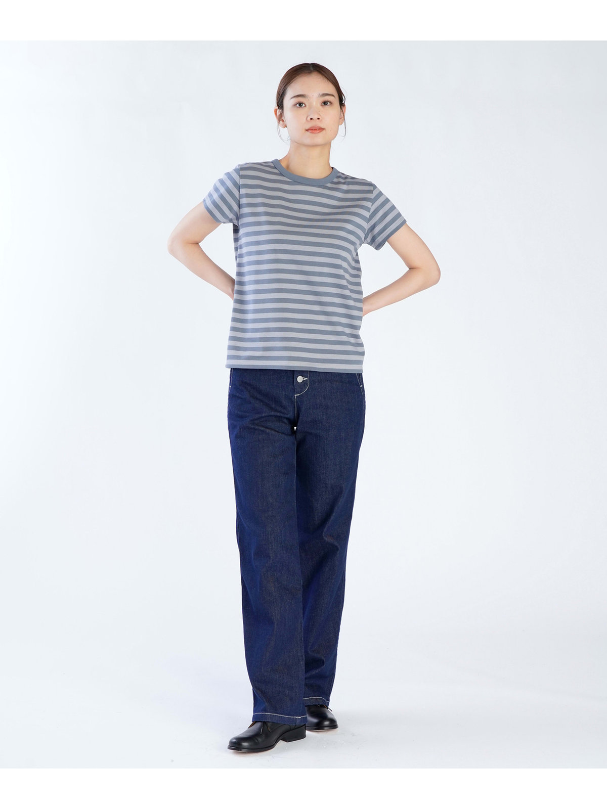 FEMME ウィメンズ 細ボーダー コットン 半袖Tシャツ ”Brando” ブルーグレー×ライトグレー
