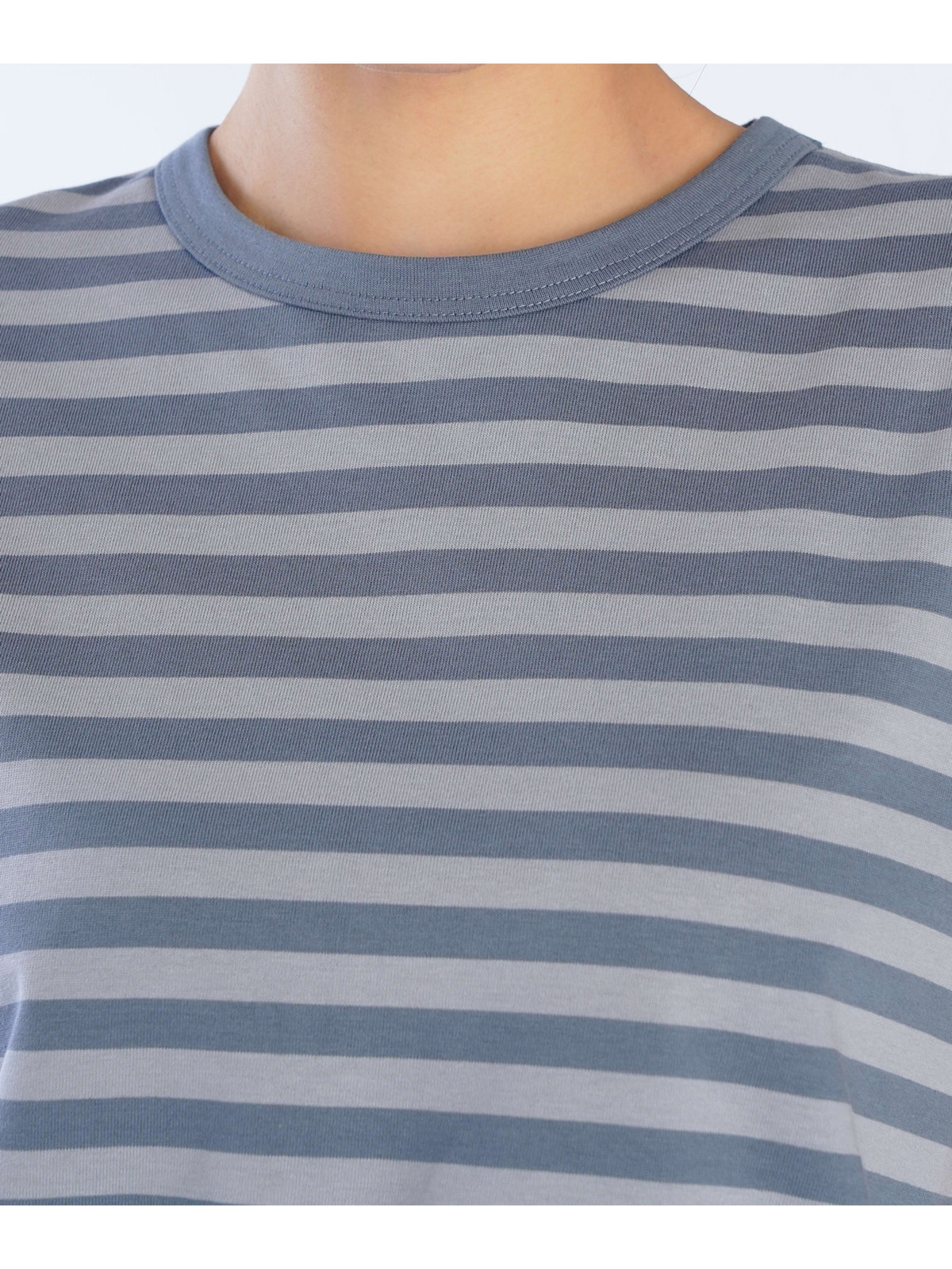 FEMME ウィメンズ 細ボーダー コットン 半袖Tシャツ ”Brando” ブルーグレー×ライトグレー