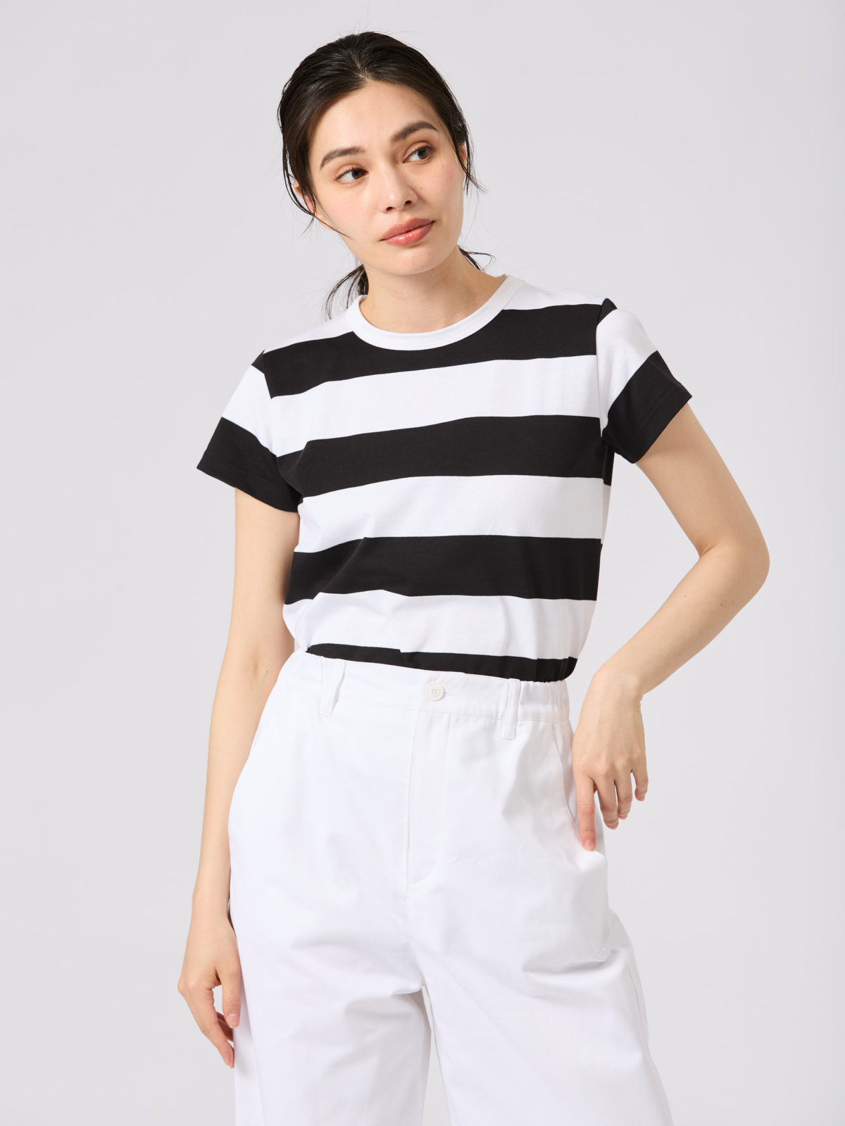 FEMME ウィメンズ 太ボーダー コットン 半袖Tシャツ "Brando" ホワイト×ブラック