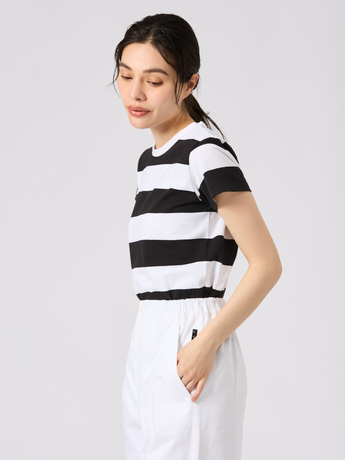 FEMME ウィメンズ 太ボーダー コットン 半袖Tシャツ "Brando" ホワイト×ブラック