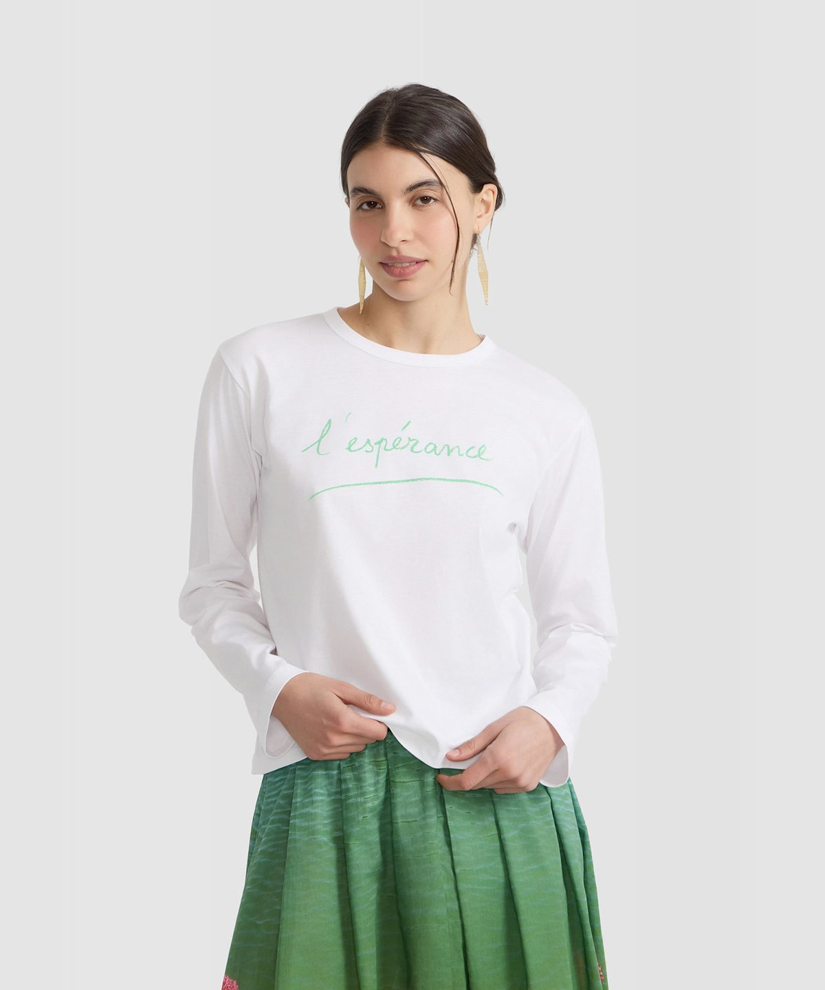 FEMME ウィメンズ メッセージ プリント コットン 長袖 Tシャツ "l'esperance" ホワイト