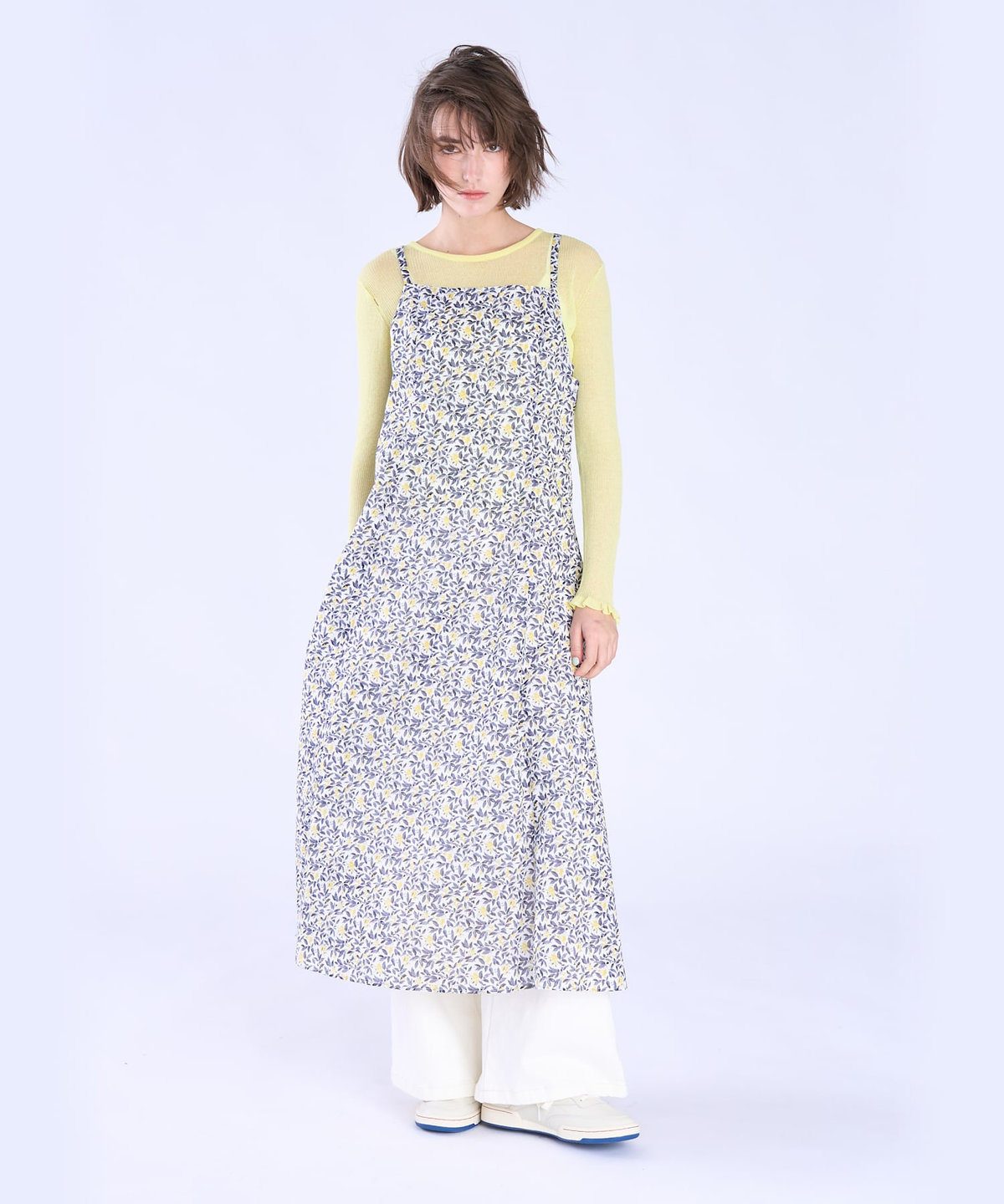 To b. by agnès b. ボタニカル プリント コットン ノースリーブ ロング ワンピース イエロー