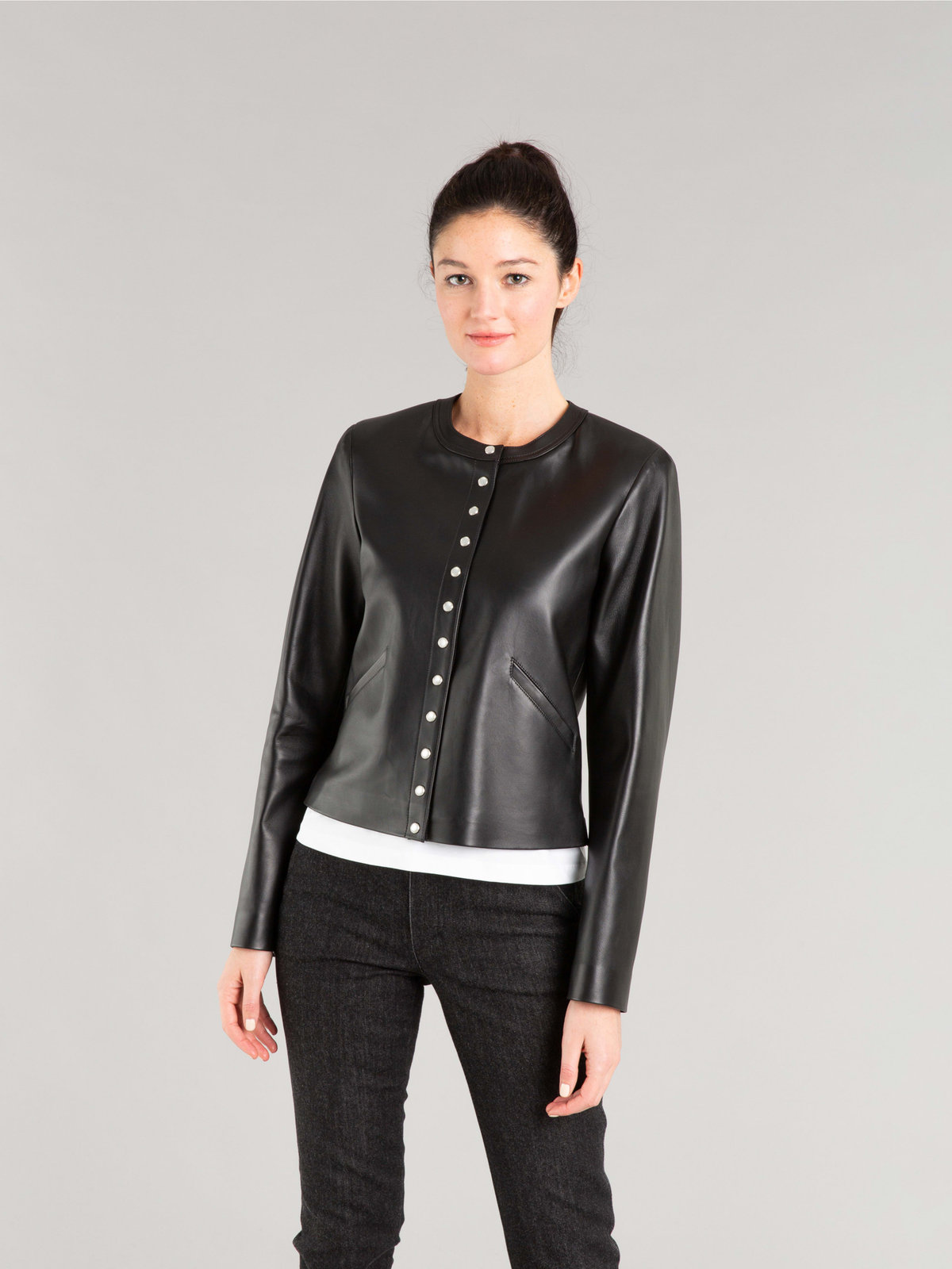 FEMME ウィメンズ ラムスキン レザー 長袖 カーディガンプレッション ブラック