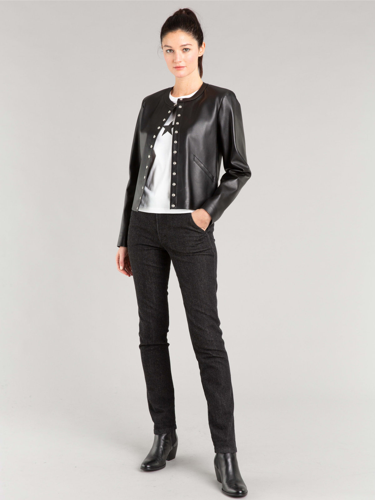 FEMME ウィメンズ ラムスキン レザー 長袖 カーディガンプレッション ブラック