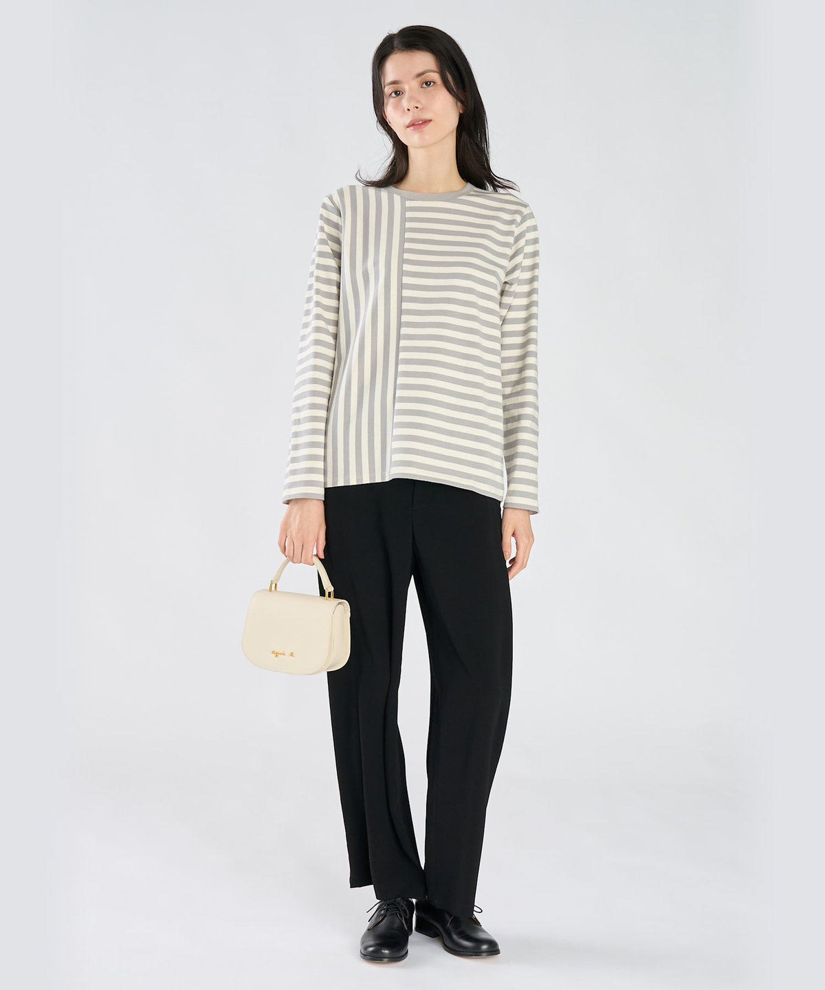 FEMME ウィメンズ 【by R 限定品】agnes b. 細ボーダーxストライプ コットン 長袖 Tシャツ "Haru" ライトグレー × ホワイト