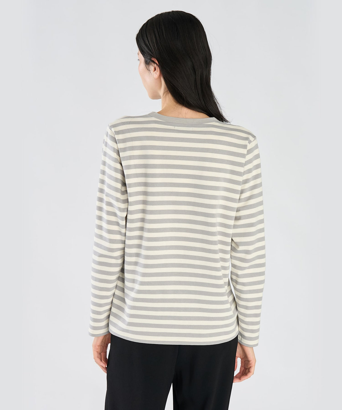 FEMME ウィメンズ 【by R 限定品】agnes b. 細ボーダーxストライプ コットン 長袖 Tシャツ "Haru" ライトグレー × ホワイト