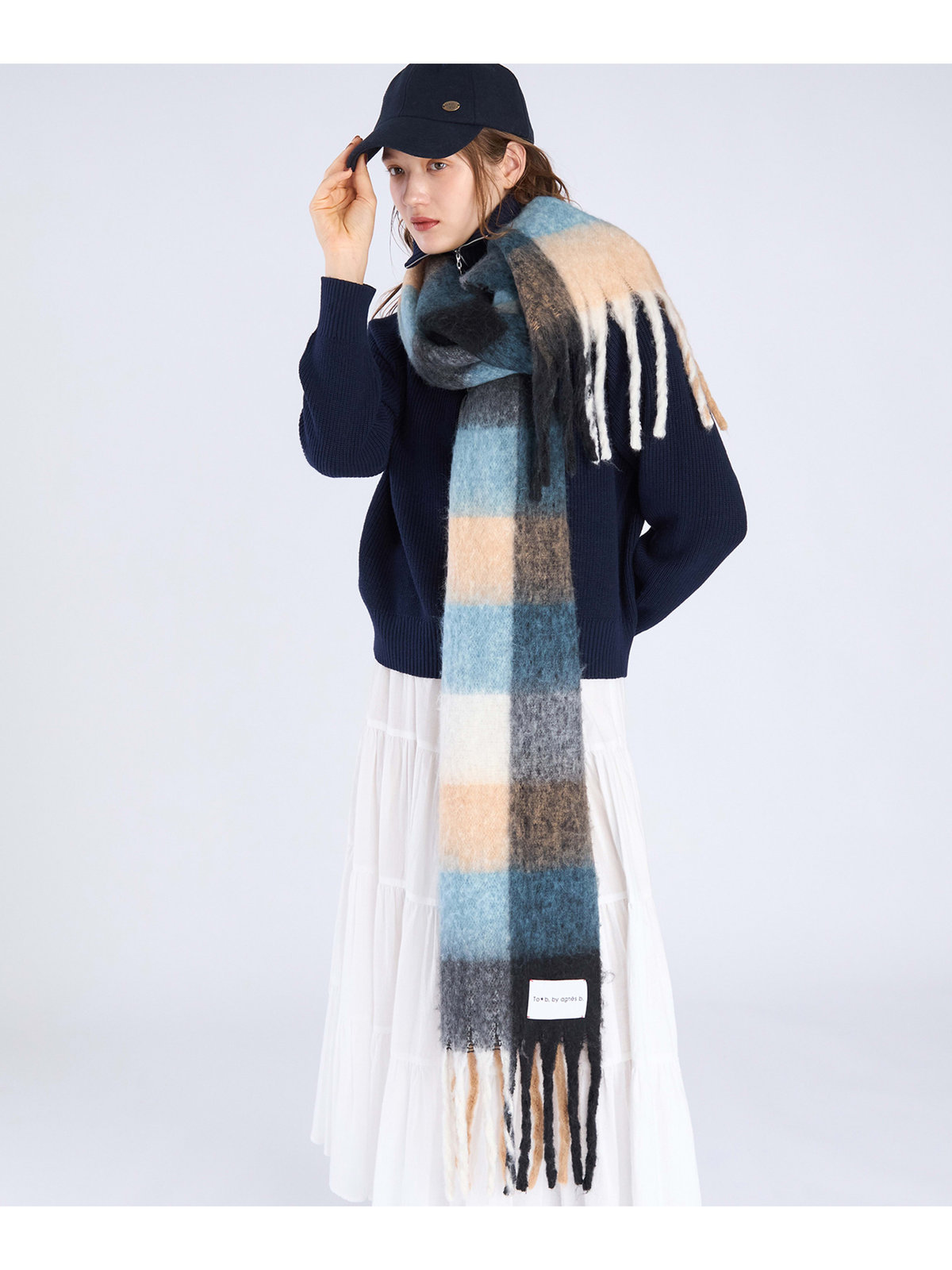 To b. by agnès b. ブロックチェック マフラー ブルー