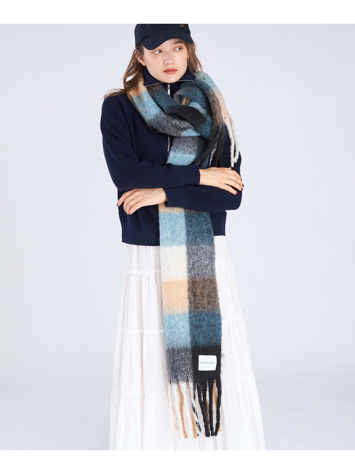 To b. by agnès b. ブロックチェック マフラー ブルー