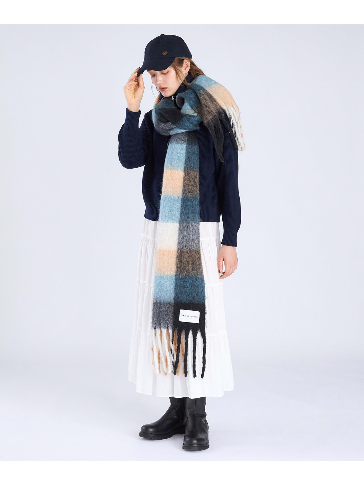 To b. by agnès b. ブロックチェック マフラー ブルー