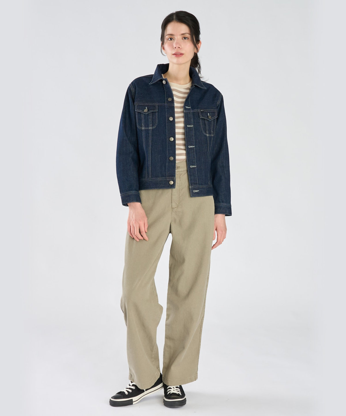 FEMME ウィメンズ 【by R 限定品】agnes b. 細ボーダーxストライプ コットン 長袖 Tシャツ "Haru" ベージュ×エクリュ