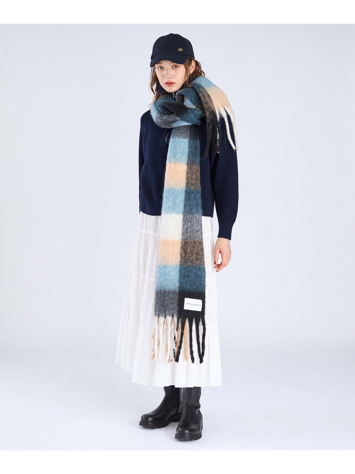 To b. by agnès b. ブロックチェック マフラー ブルー