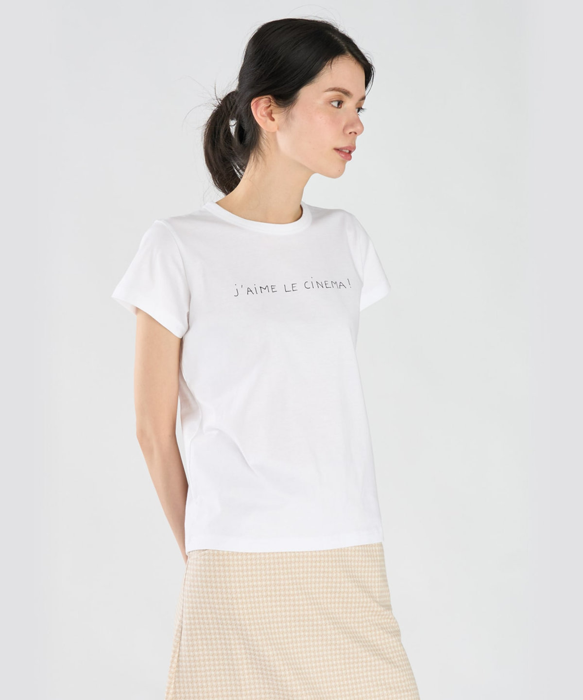 FEMME ウィメンズ メッセージ プリント コットン 半袖 Tシャツ "J'aime le cinema!" ホワイト