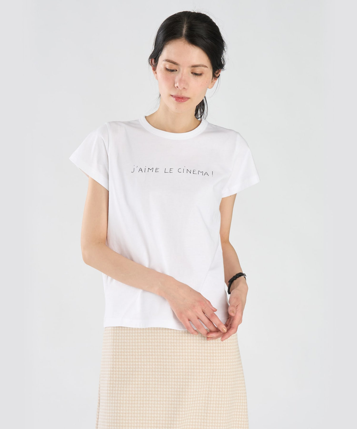 FEMME ウィメンズ メッセージ プリント コットン 半袖 Tシャツ "J'aime le cinema!" ホワイト