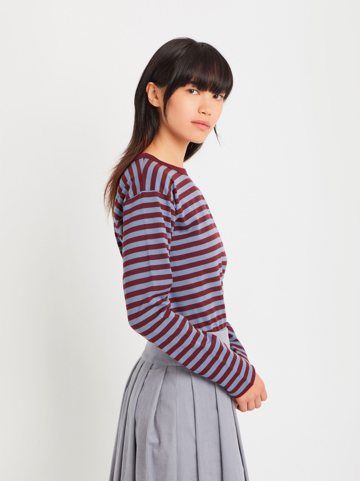 FEMME ウィメンズ 細ボーダー コットン 長袖 Tシャツ "Cool" ボルドー×ブルーグレー