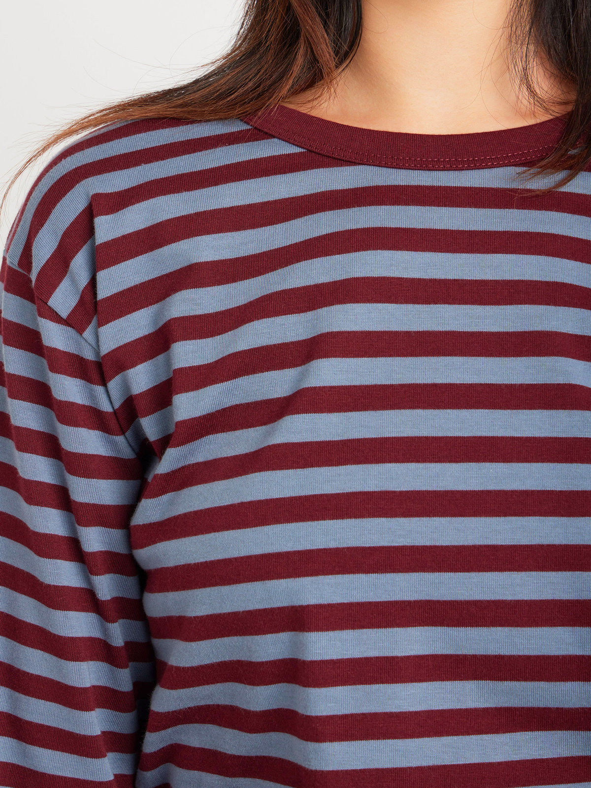 FEMME ウィメンズ 細ボーダー コットン 長袖 Tシャツ "Cool" ボルドー×ブルーグレー