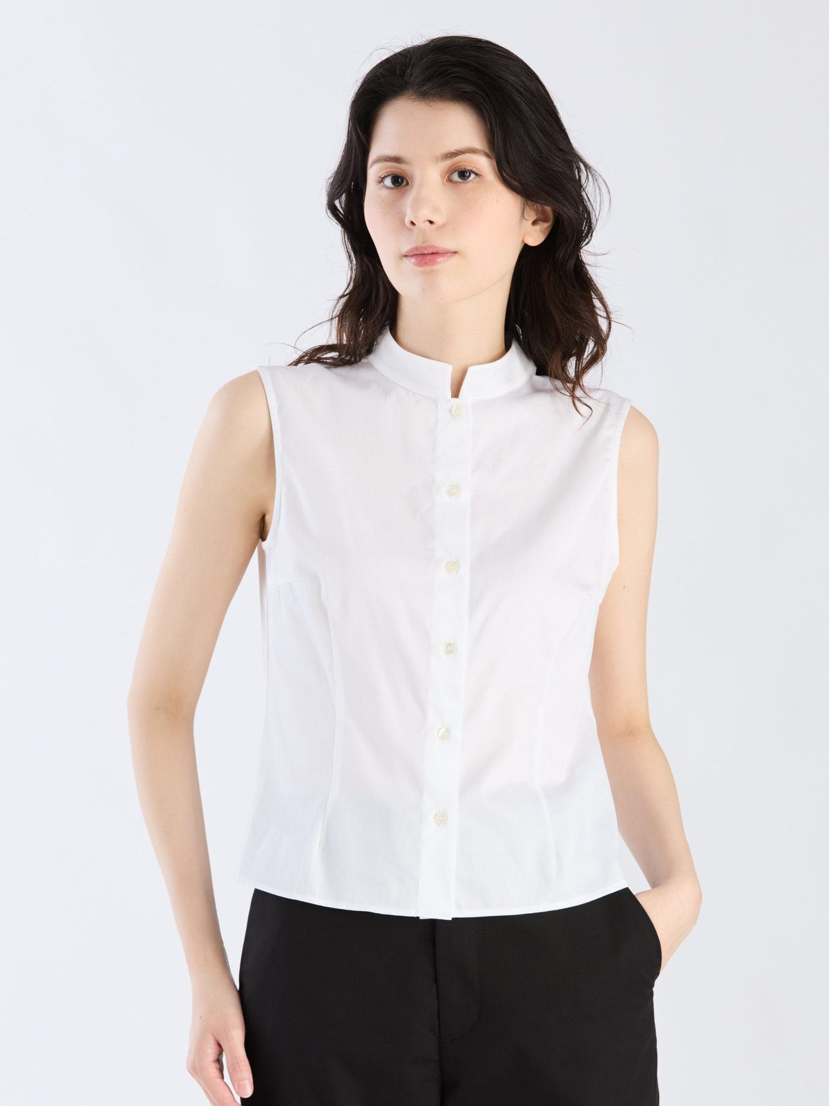 FEMME ウィメンズ コットン オフィサーカラー ノースリーブ ブラウス ホワイト