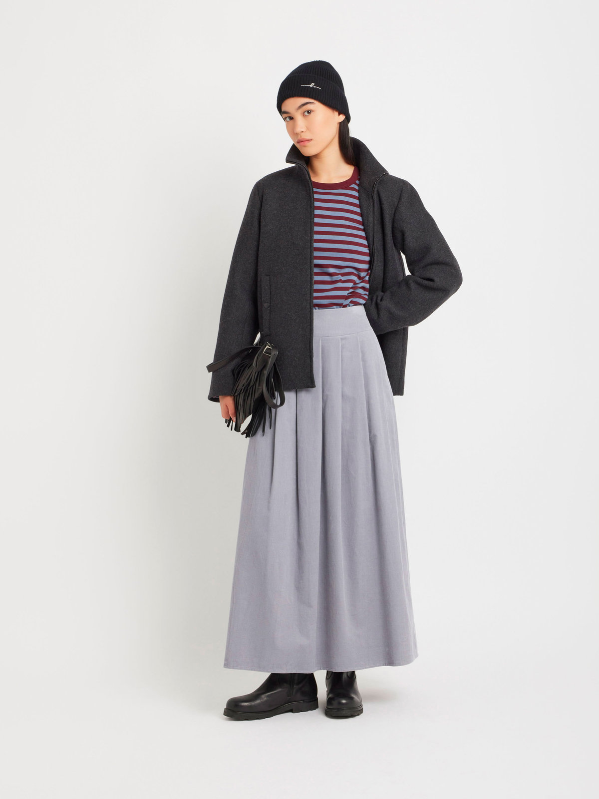 FEMME ウィメンズ 細ボーダー コットン 長袖 Tシャツ "Cool" ボルドー×ブルーグレー