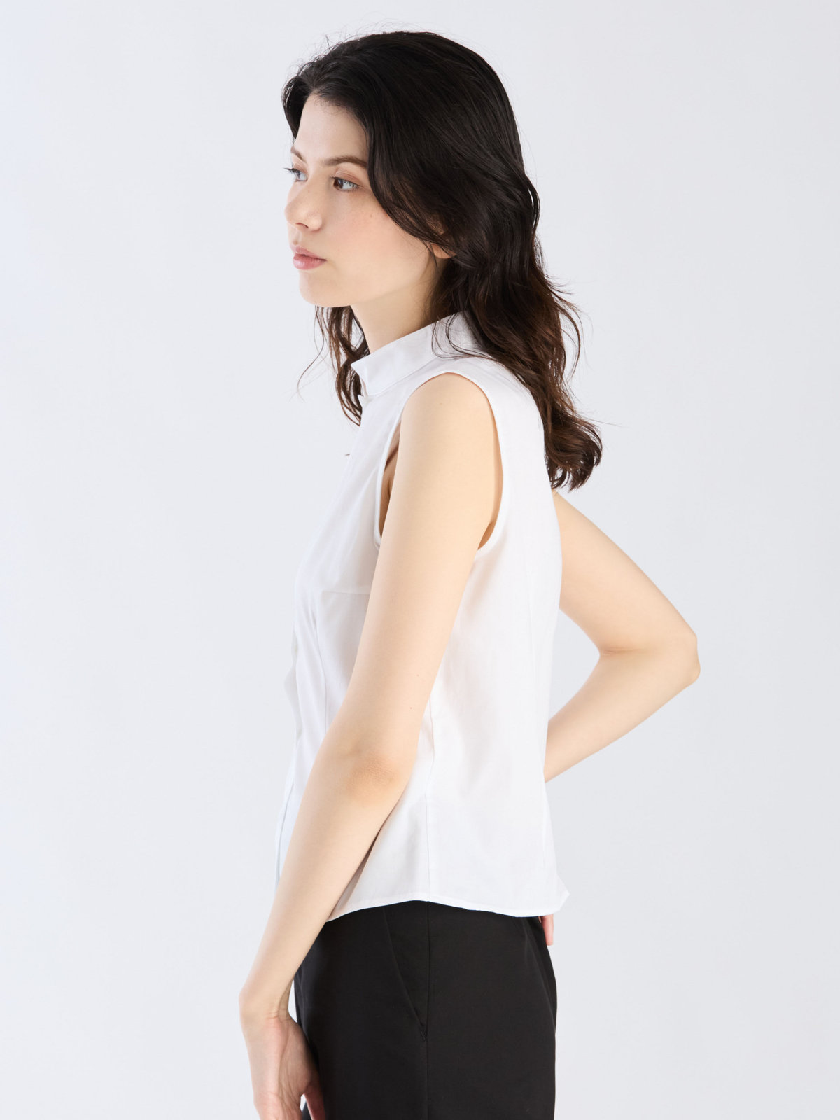 FEMME ウィメンズ コットン オフィサーカラー ノースリーブ ブラウス ホワイト