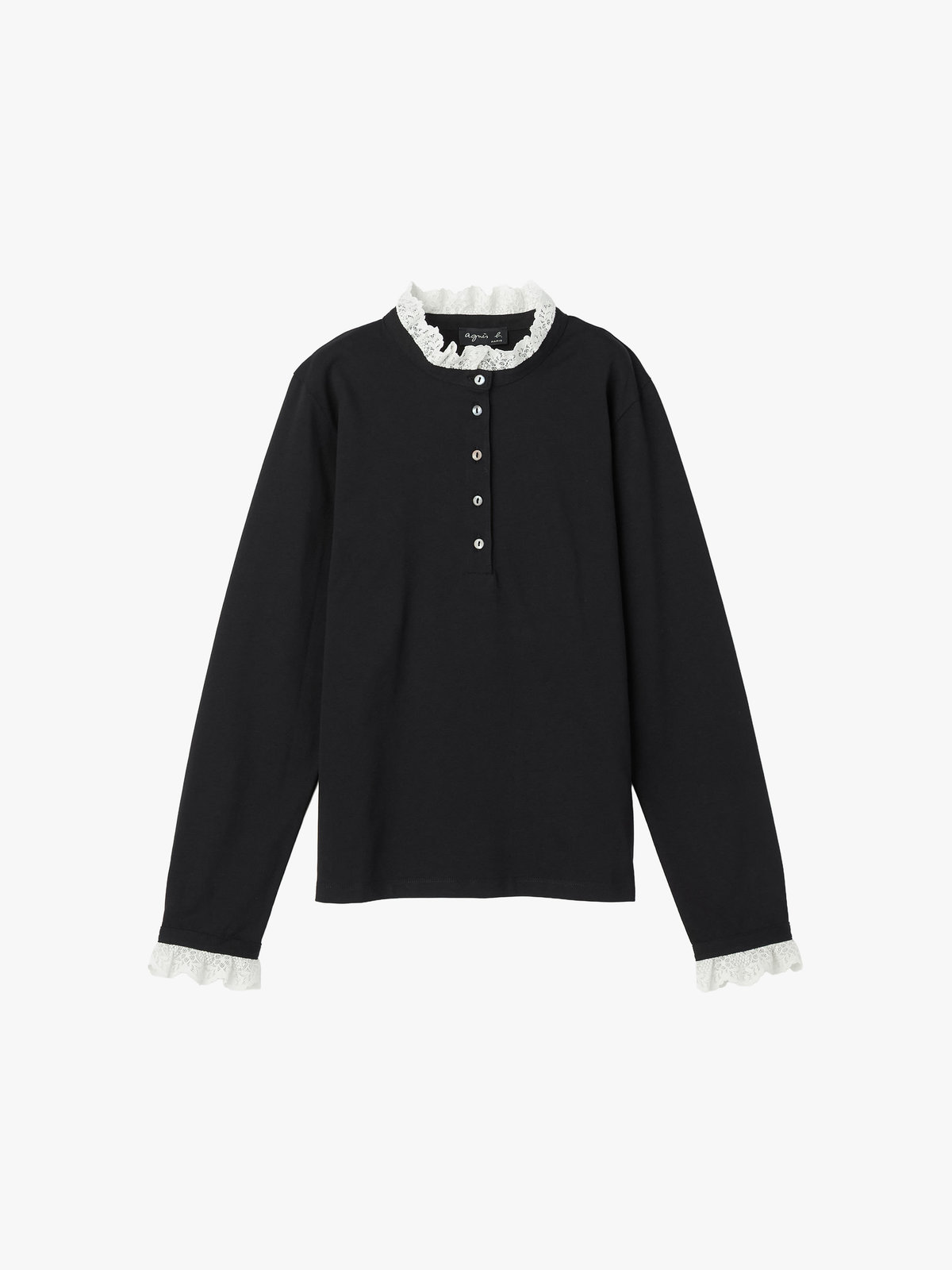 FEMME ウィメンズ レース コットン ヘンリーネック トップス "Harpiste" ブラック