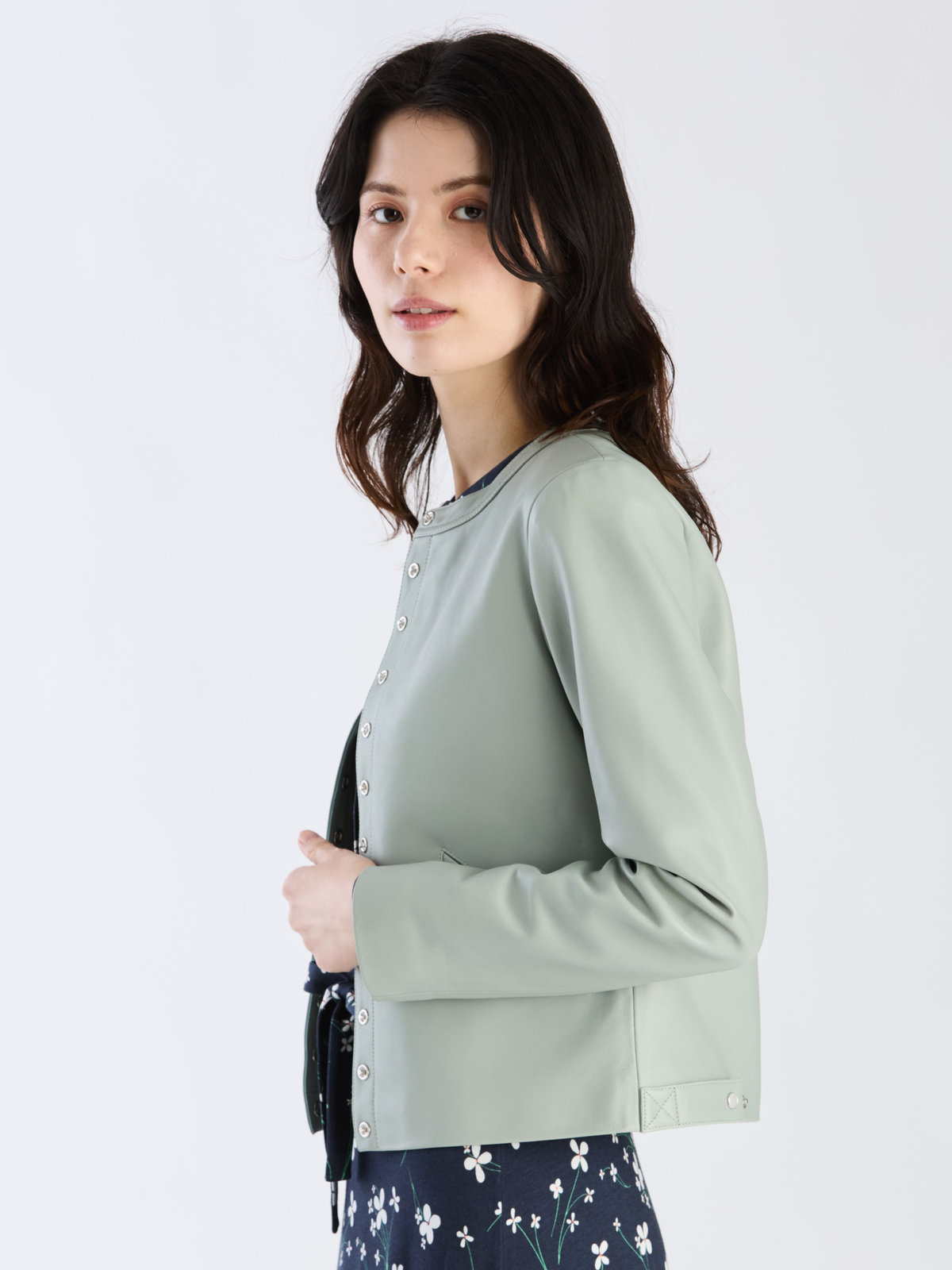 FEMME ウィメンズ ラムスキン レザー 長袖 カーディガンプレッション カーキ