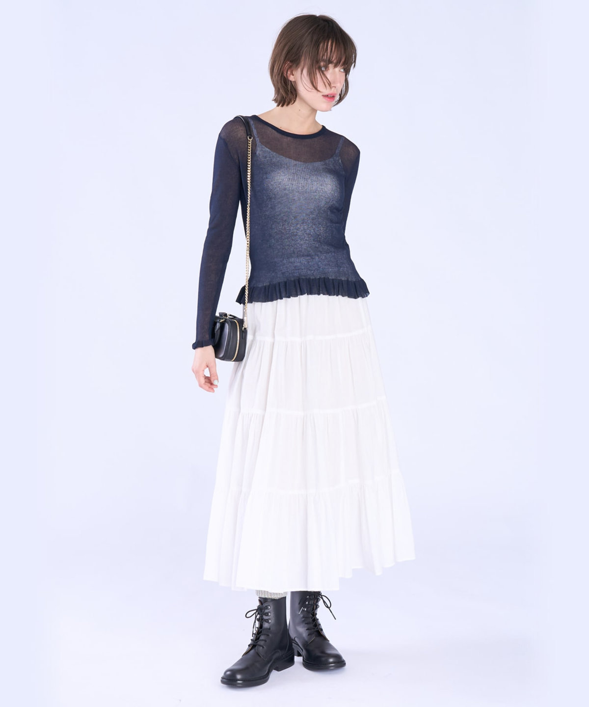 To b. by agnès b. シアー リブ フリル 長袖 ニット プルオーバー ネイビー