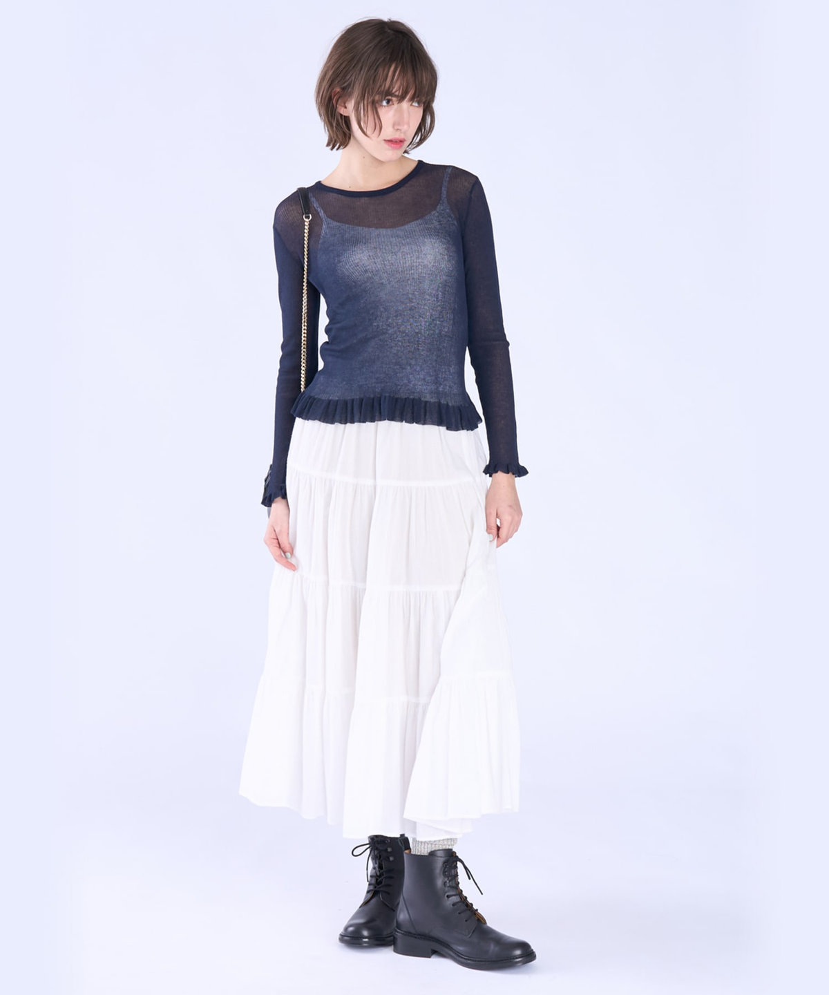 To b. by agnès b. シアー リブ フリル 長袖 ニット プルオーバー ネイビー