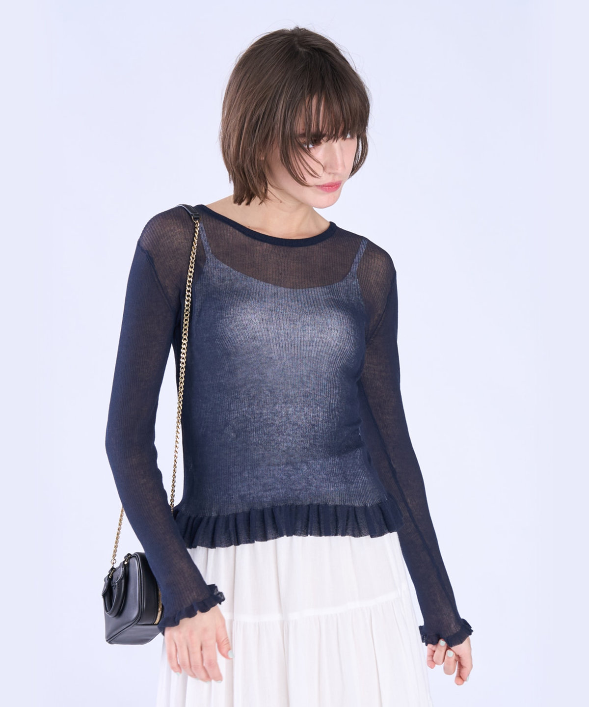 To b. by agnès b. シアー リブ フリル 長袖 ニット プルオーバー ネイビー