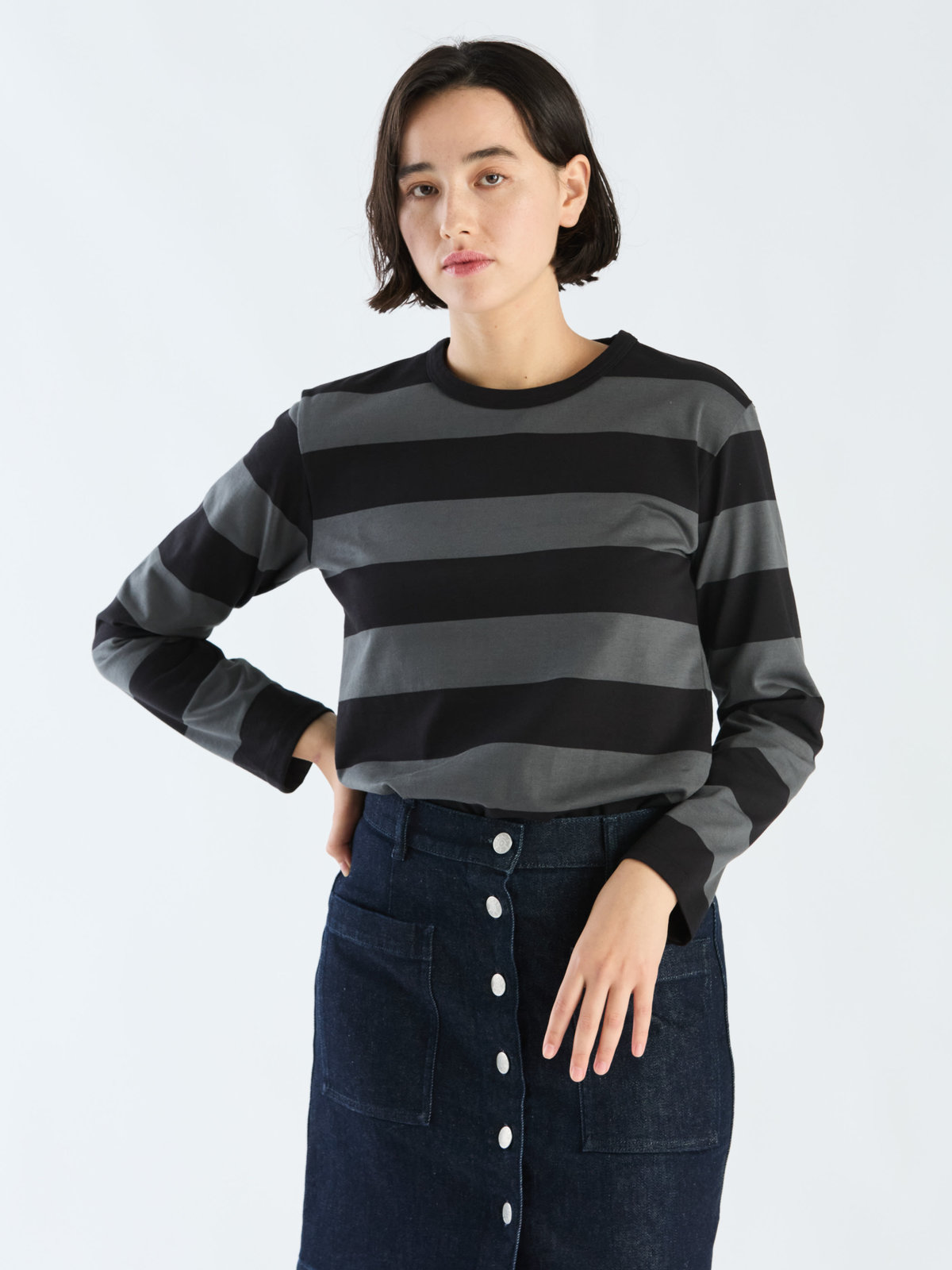 FEMME ウィメンズ 太ボーダー コットン 長袖Tシャツ "Cool" グレー系その他