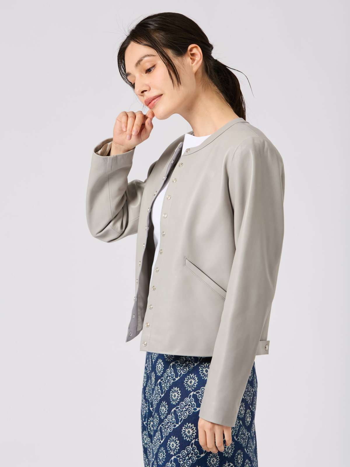 FEMME ウィメンズ ラムスキン レザー 長袖 カーディガンプレッション グレー系その他
