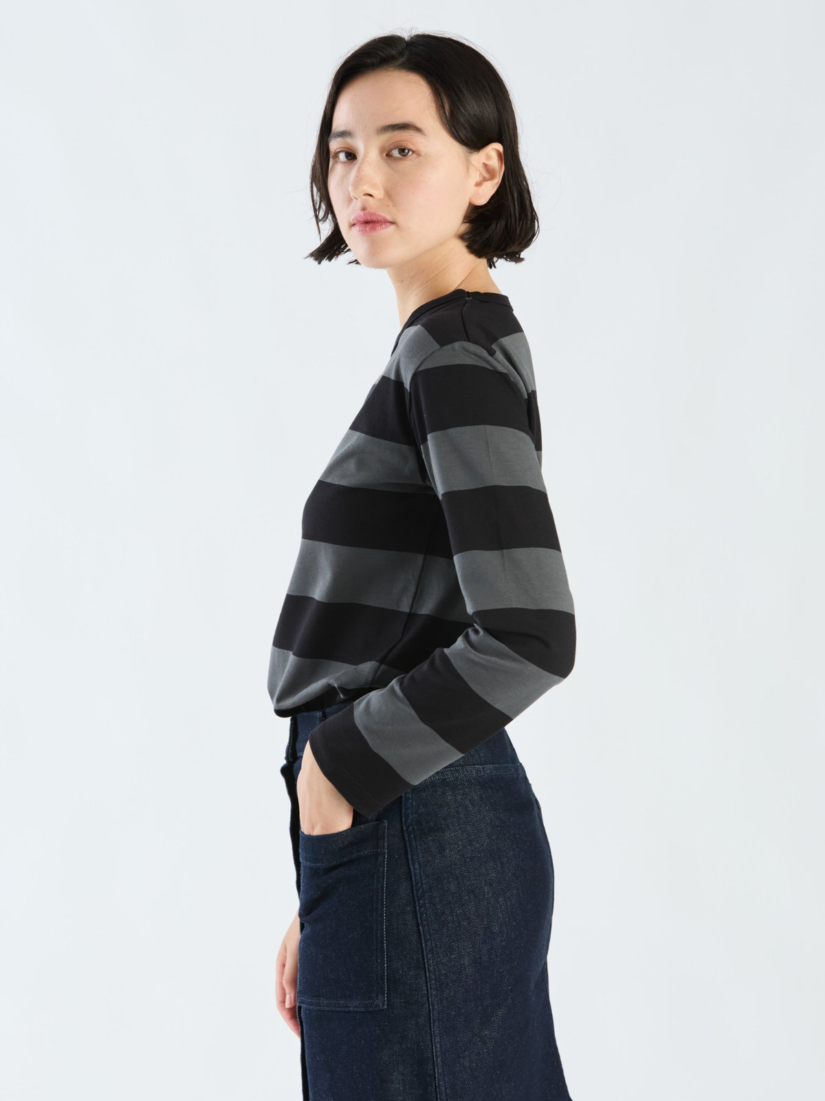 FEMME ウィメンズ 太ボーダー コットン 長袖Tシャツ "Cool" グレー系その他