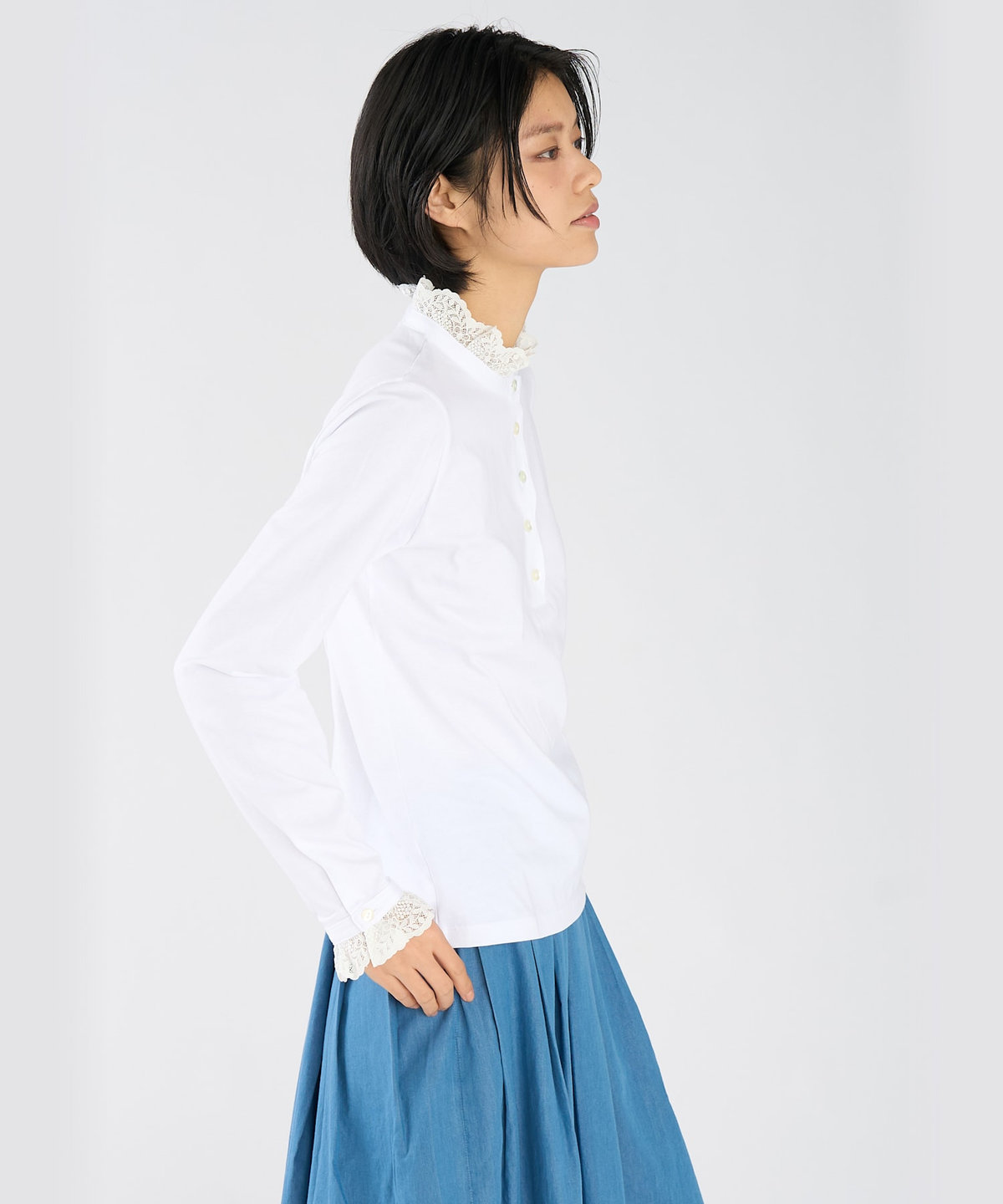 FEMME ウィメンズ レース コットン ヘンリーネック トップス "Harpiste" ホワイト