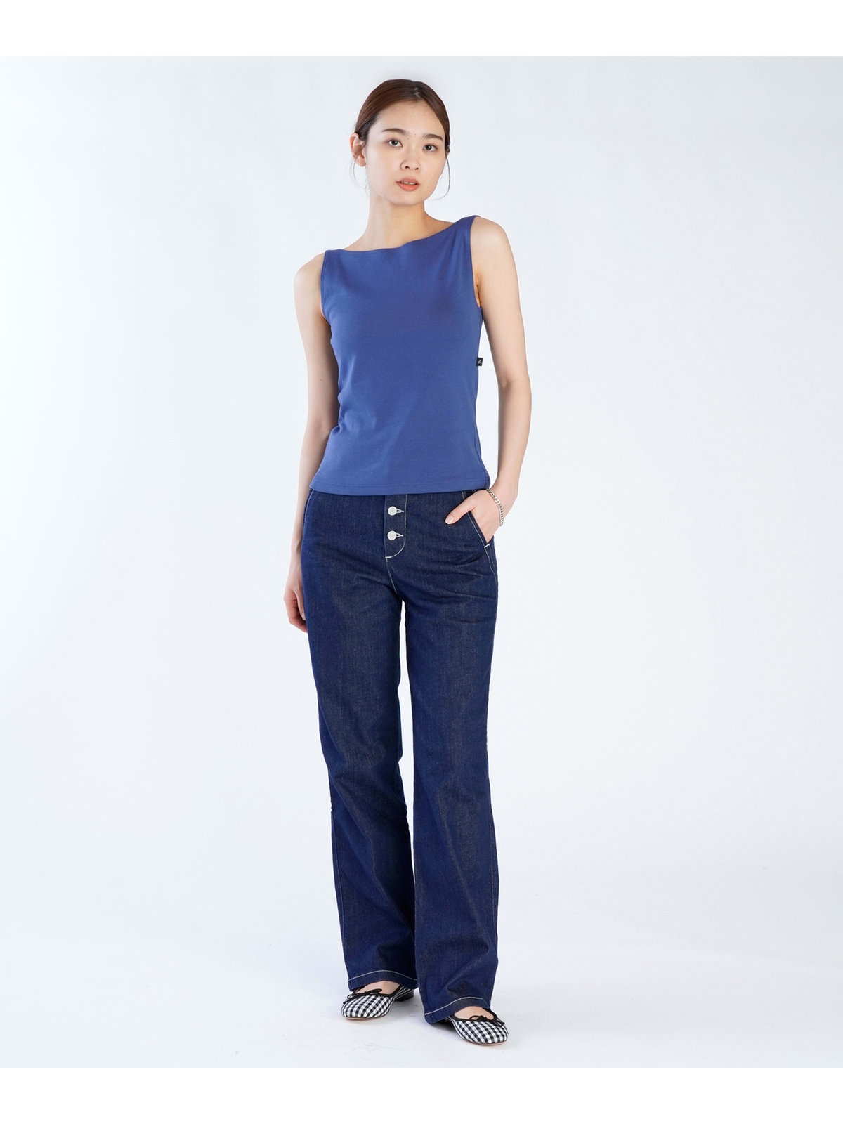 FEMME ウィメンズ 【Outlet】コットン ボートネック ノースリーブ Tシャツ "Leopard" ブルー