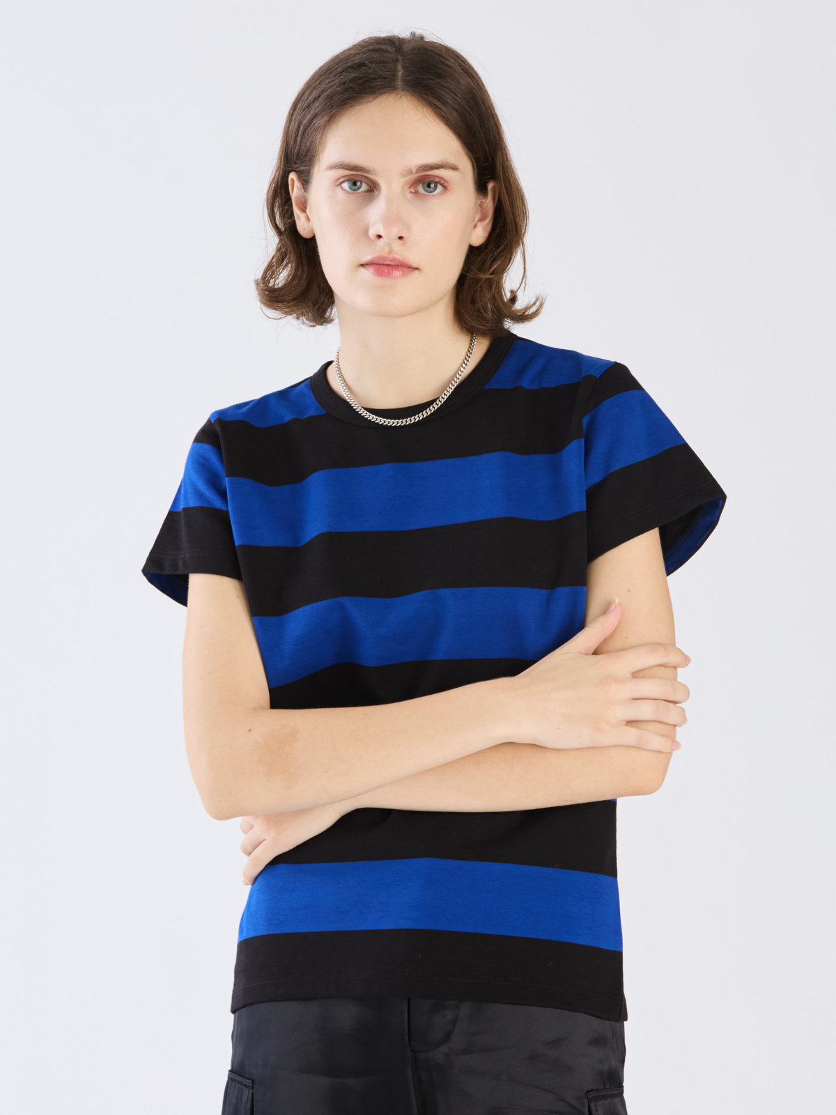 FEMME ウィメンズ 【Outlet】太ボーダー コットン 半袖Tシャツ "Brando" ブルー×ブラック