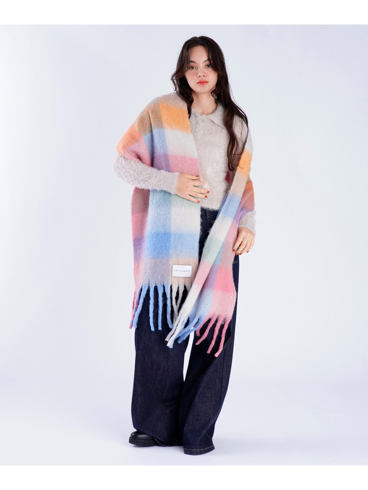 To b. by agnès b. ブロックチェック マフラー ピンク