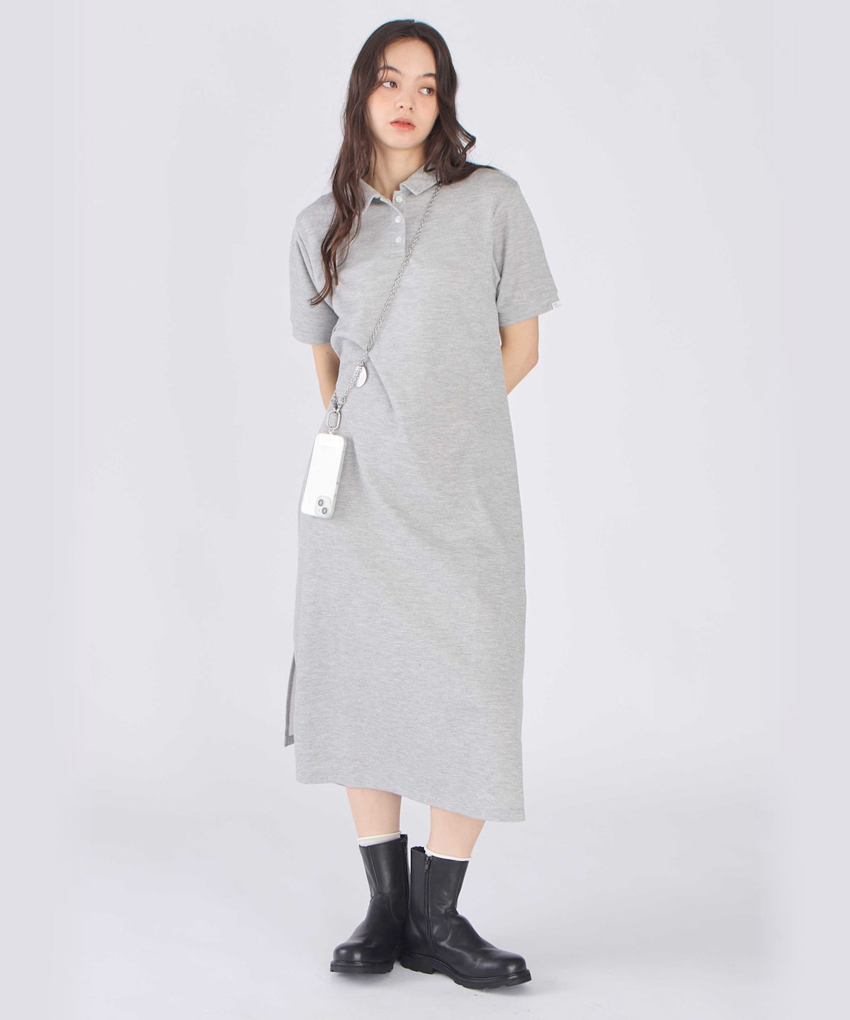 To b. by agnès b. WEB限定 ピケ ジャージー 半袖 ポロ ワンピース グレー