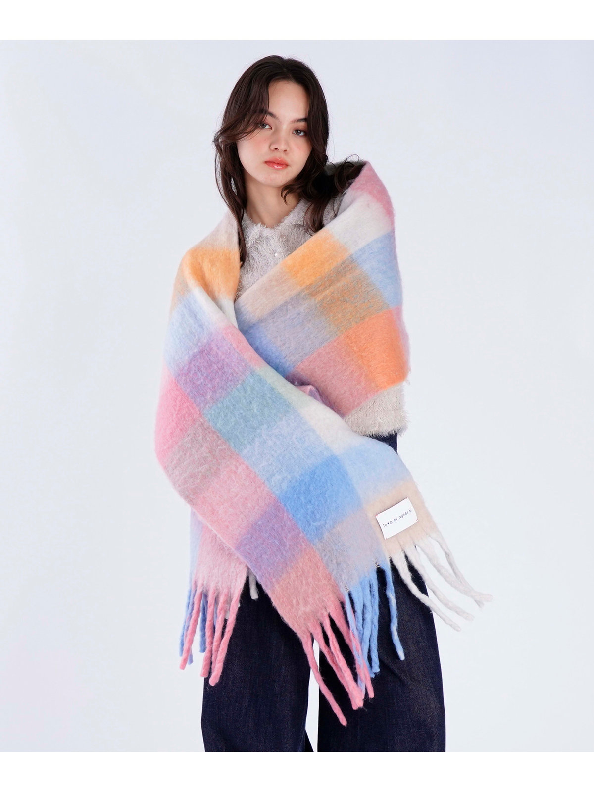 To b. by agnès b. ブロックチェック マフラー ピンク