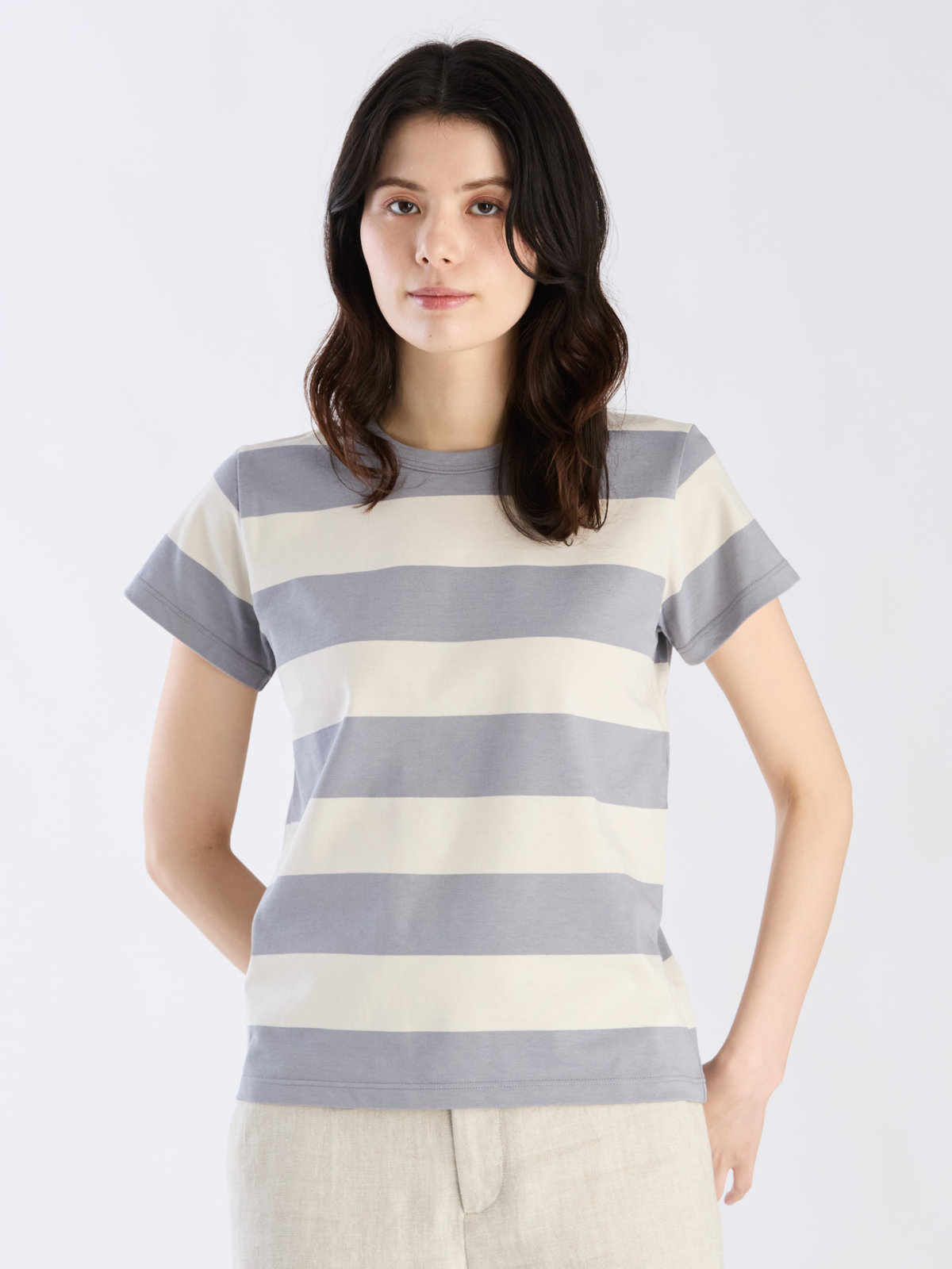 FEMME ウィメンズ 太ボーダー コットン 半袖Tシャツ "Brando" グレーブルー×オフホワイト