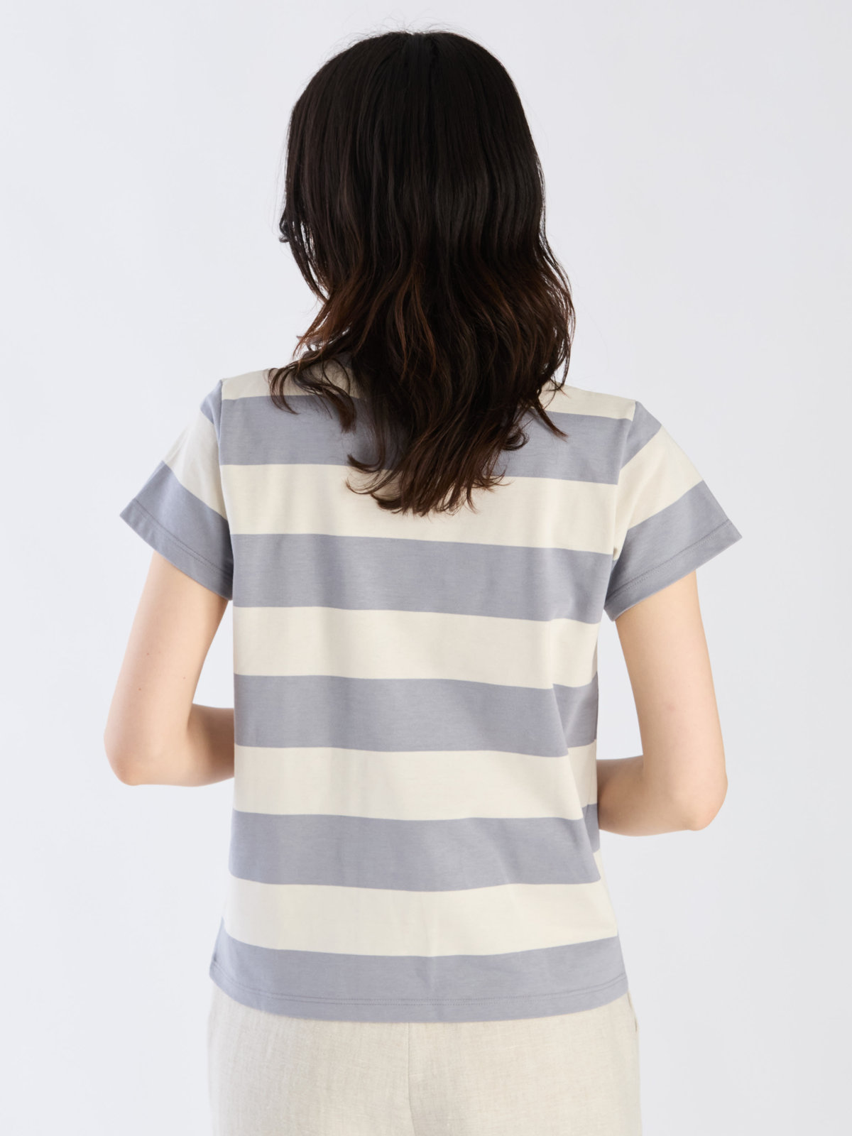 FEMME ウィメンズ 太ボーダー コットン 半袖Tシャツ "Brando" グレーブルー×オフホワイト