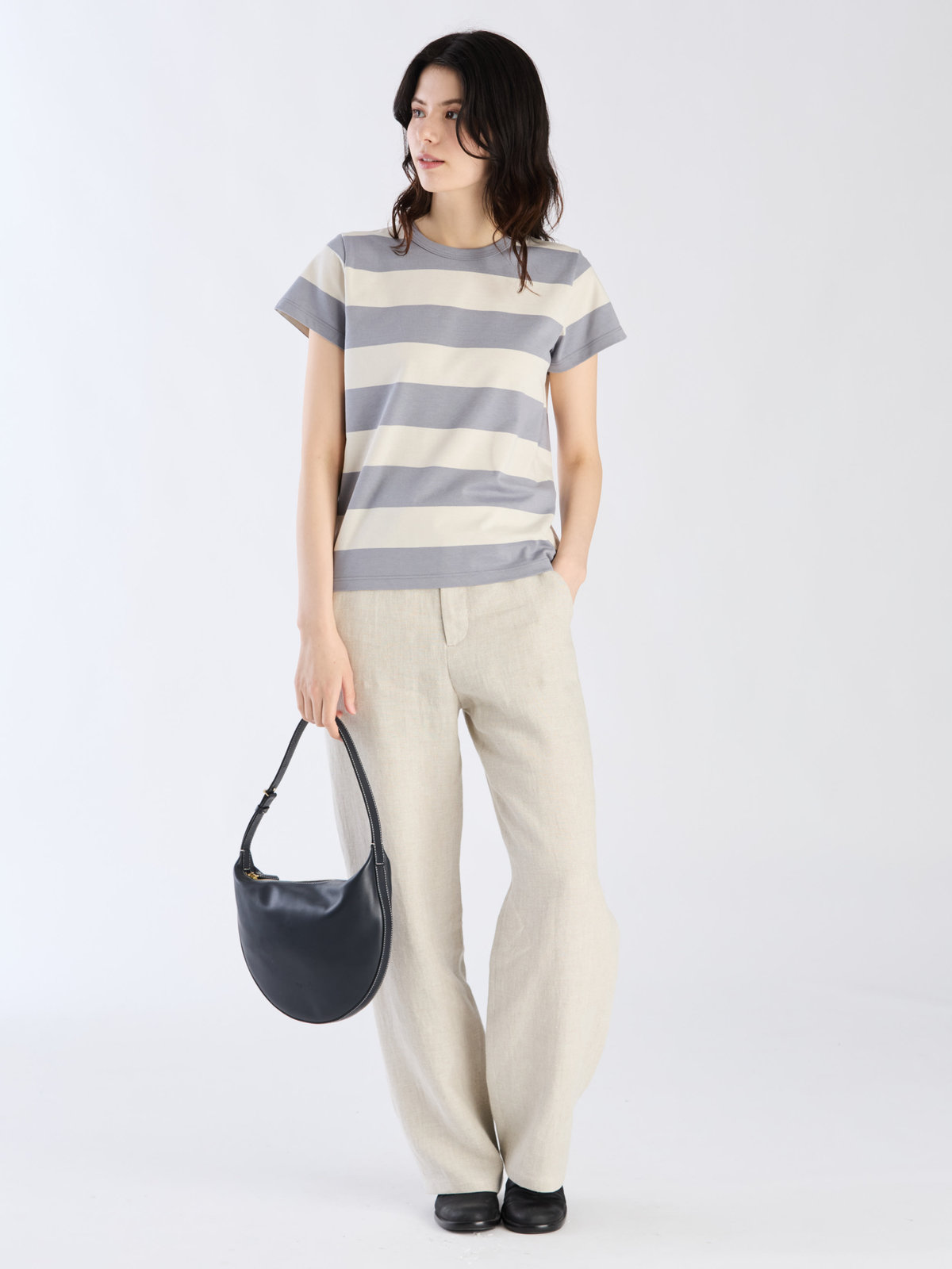 FEMME ウィメンズ 太ボーダー コットン 半袖Tシャツ "Brando" グレーブルー×オフホワイト