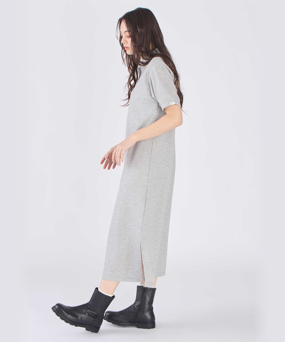 To b. by agnès b. WEB限定 ピケ ジャージー 半袖 ポロ ワンピース グレー