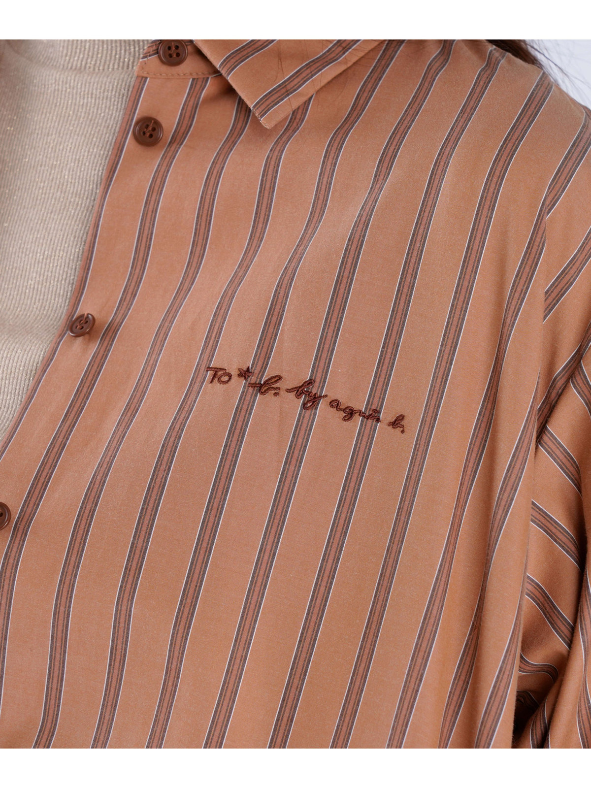 To b. by agnès b. 【Outlet】ストライプ コットン ロングスリーブ シャツ ブラウン