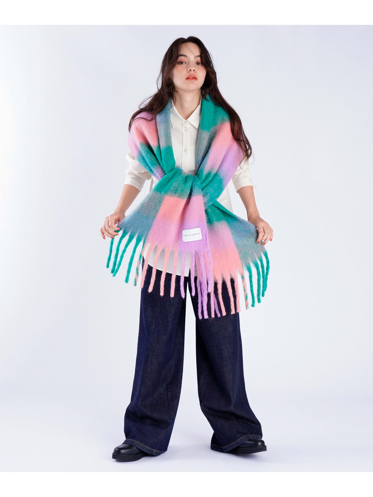 To b. by agnès b. ブロックチェック マフラー ピンク