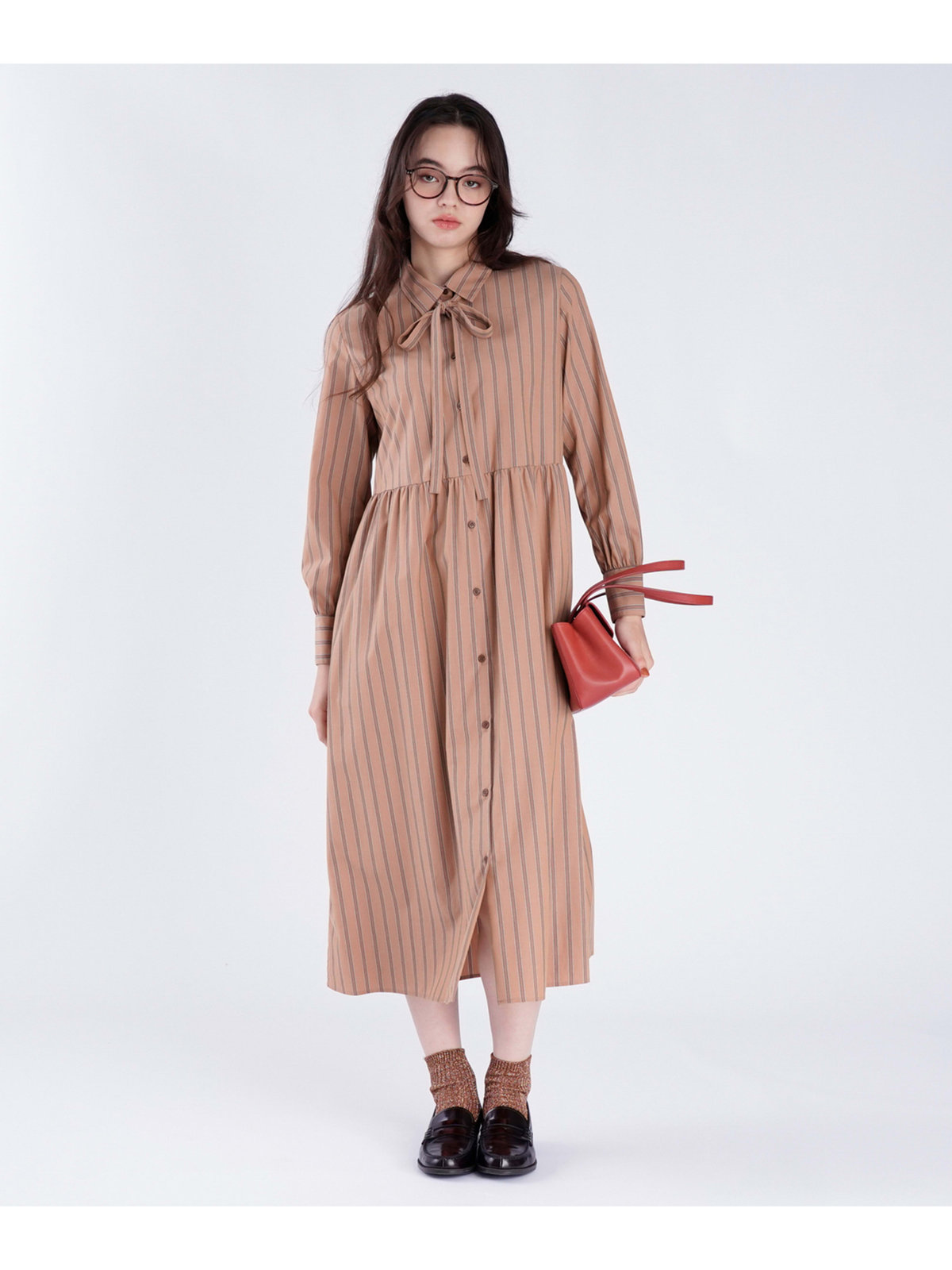 To b. by agnès b. ストライプ コットン シャツワンピース ブラウン
