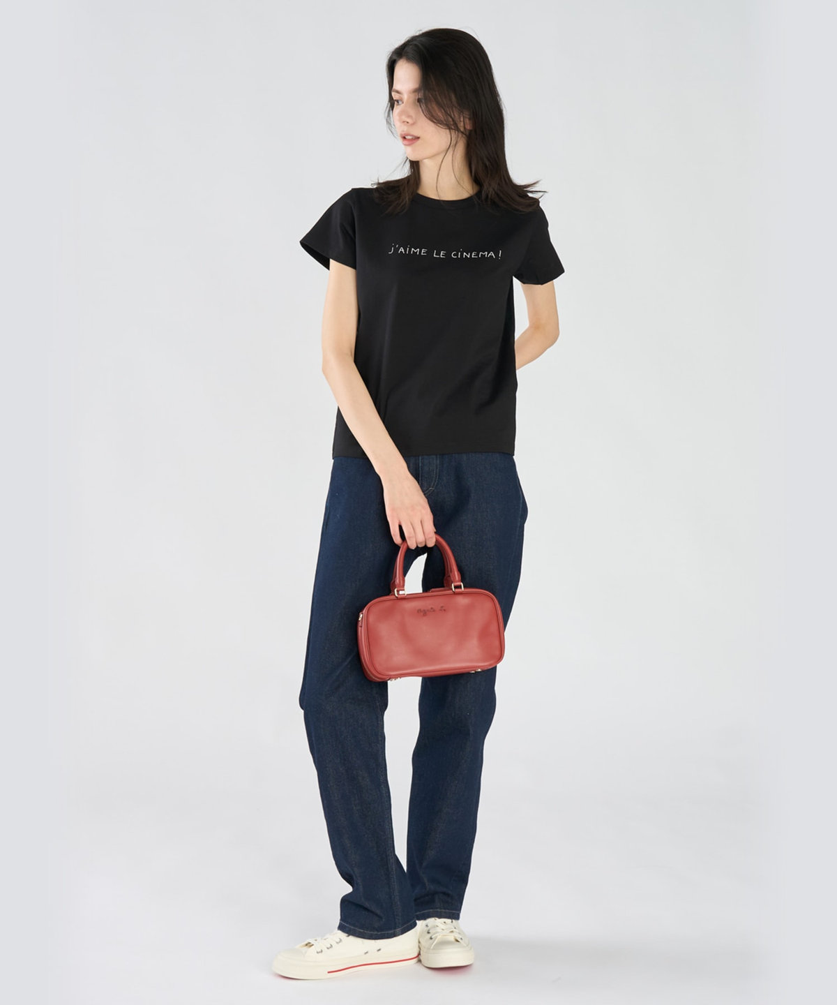 FEMME ウィメンズ メッセージ プリント コットン 半袖 Tシャツ "J'aime le cinema!" ブラック